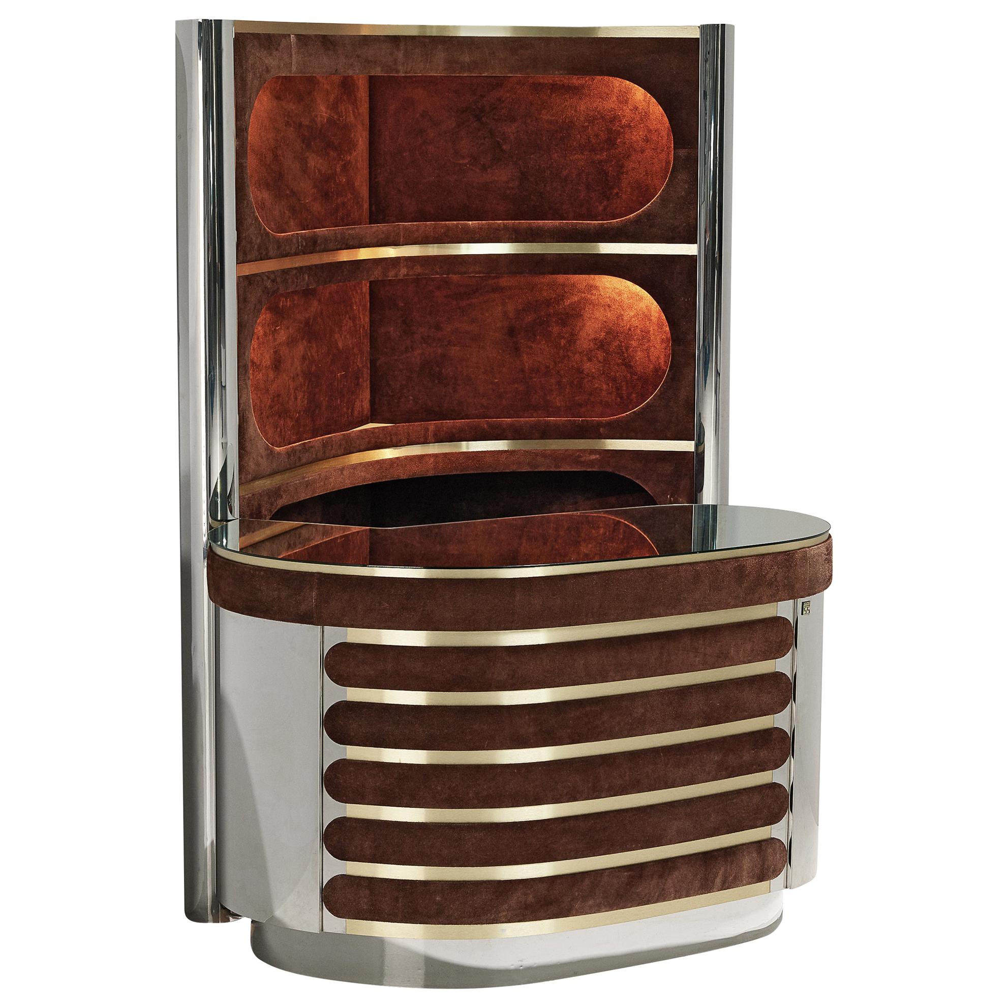 Willy Rizzo Bar Cabinet in Metal and Brown Suede