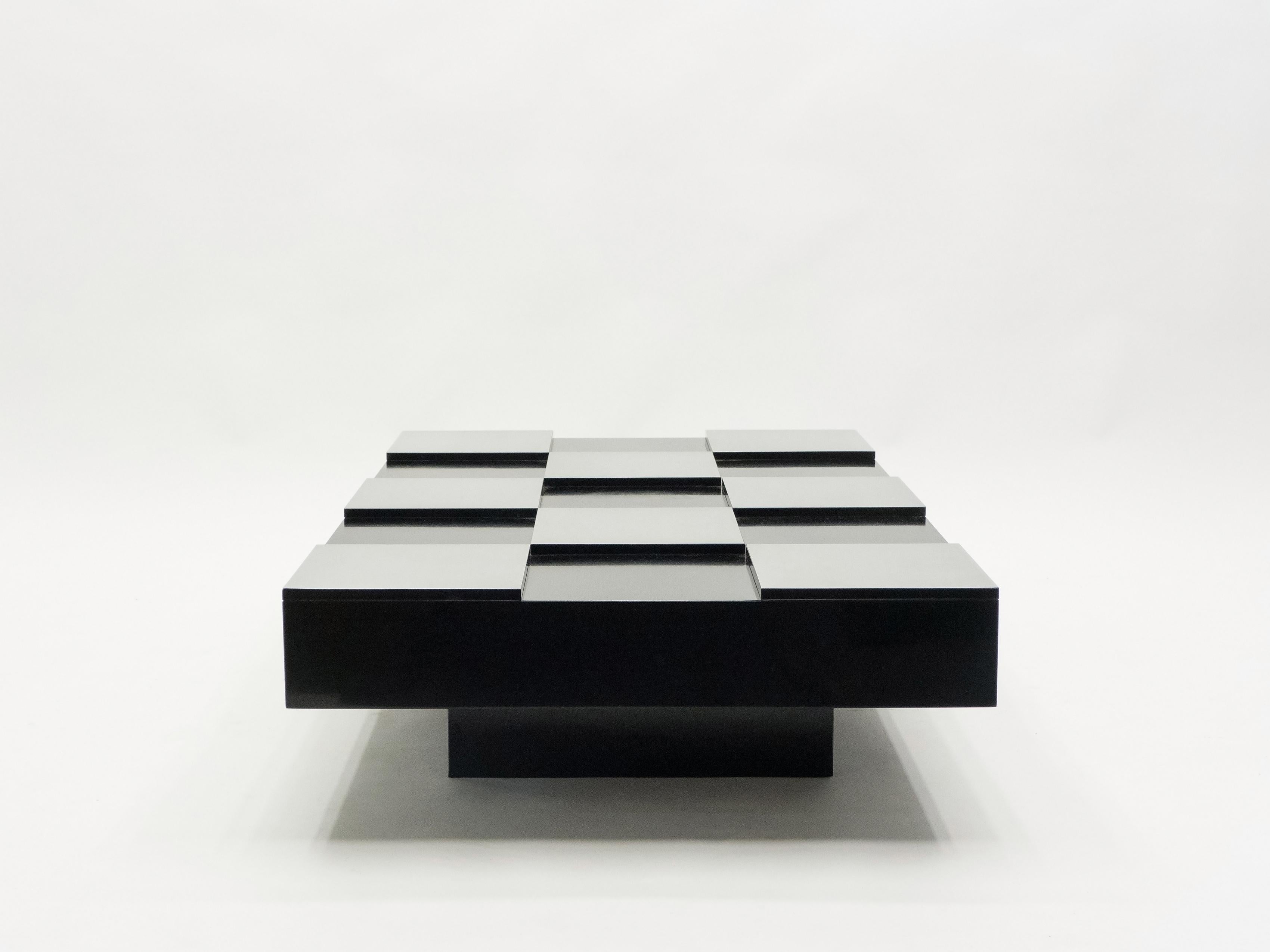 Willy Rizzo Black Lacquer and Brushed Steel Coffee Table, 1970s 4