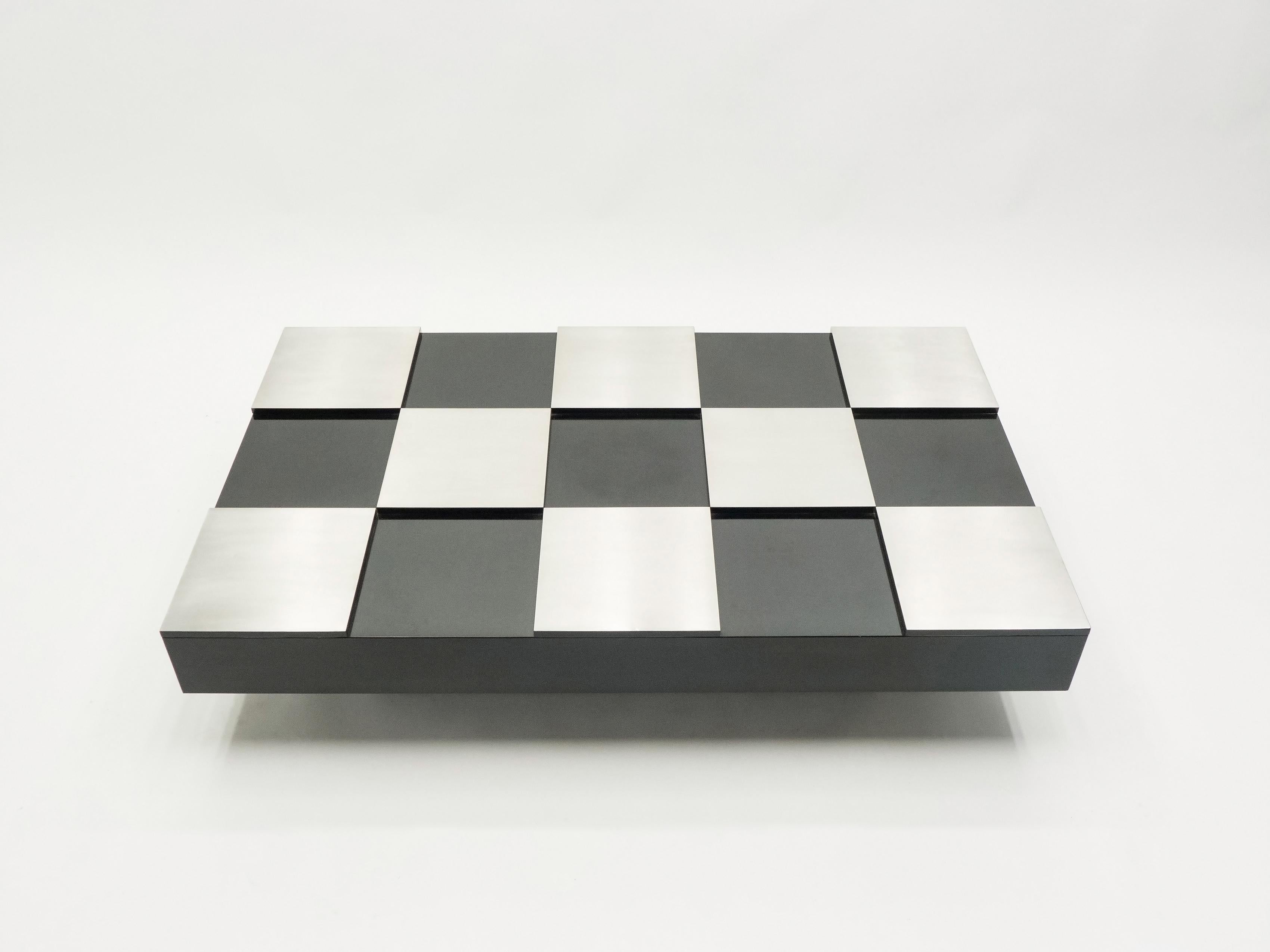 Mid-Century Modern Willy Rizzo Black Lacquer and Brushed Steel Coffee Table, 1970s