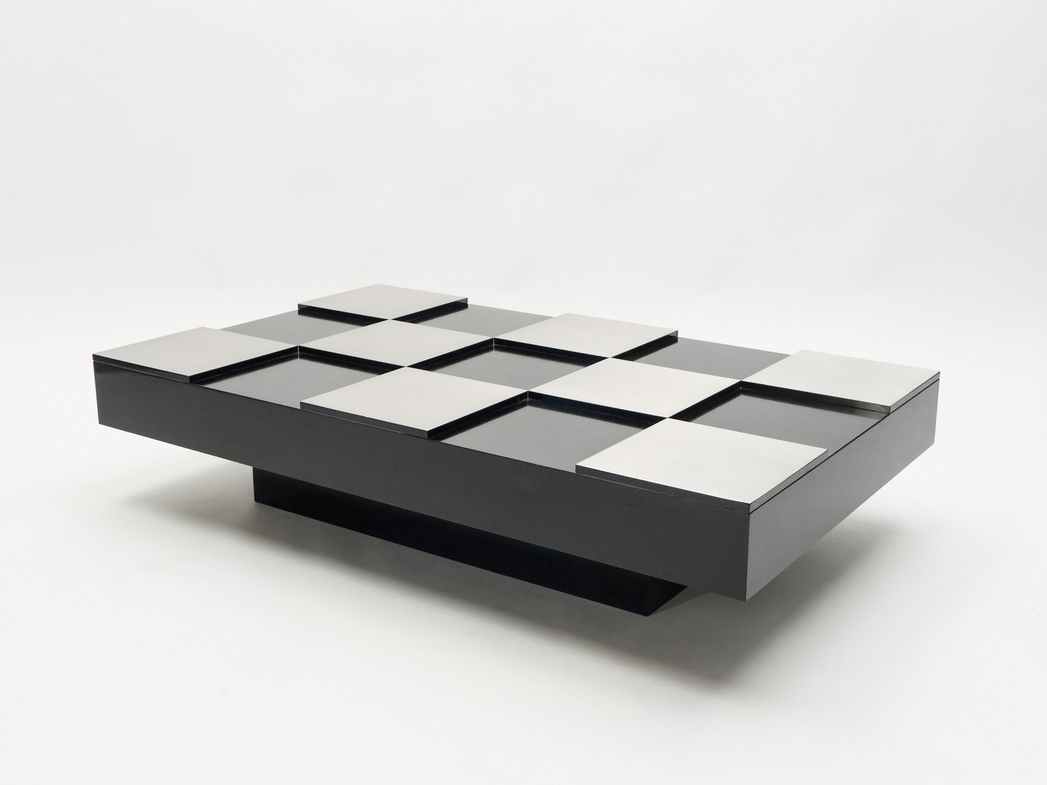 Willy Rizzo Black Lacquer and Brushed Steel Coffee Table, 1970s In Good Condition In Paris, IDF