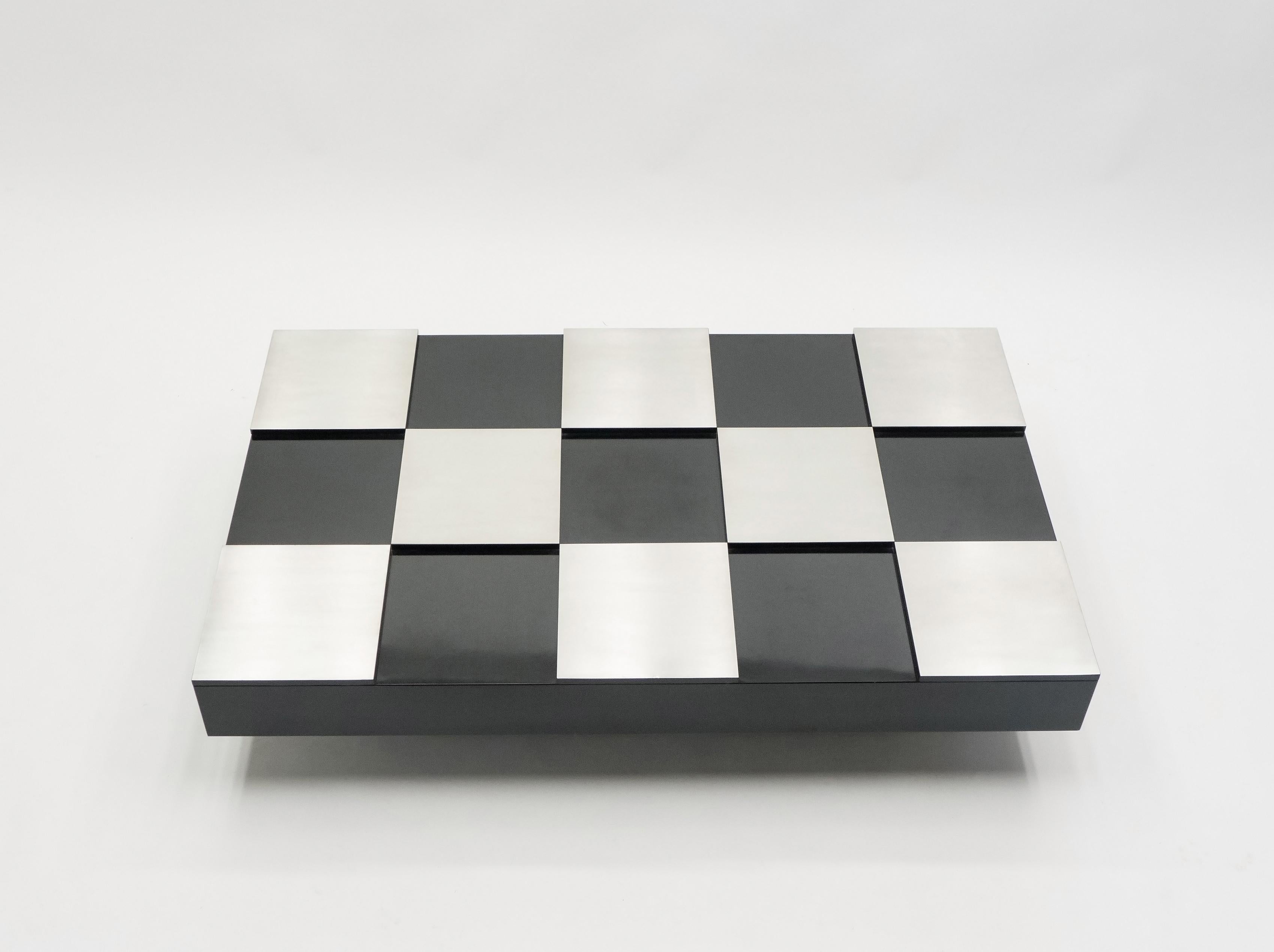 Late 20th Century Willy Rizzo Black Lacquer and Brushed Steel Coffee Table, 1970s