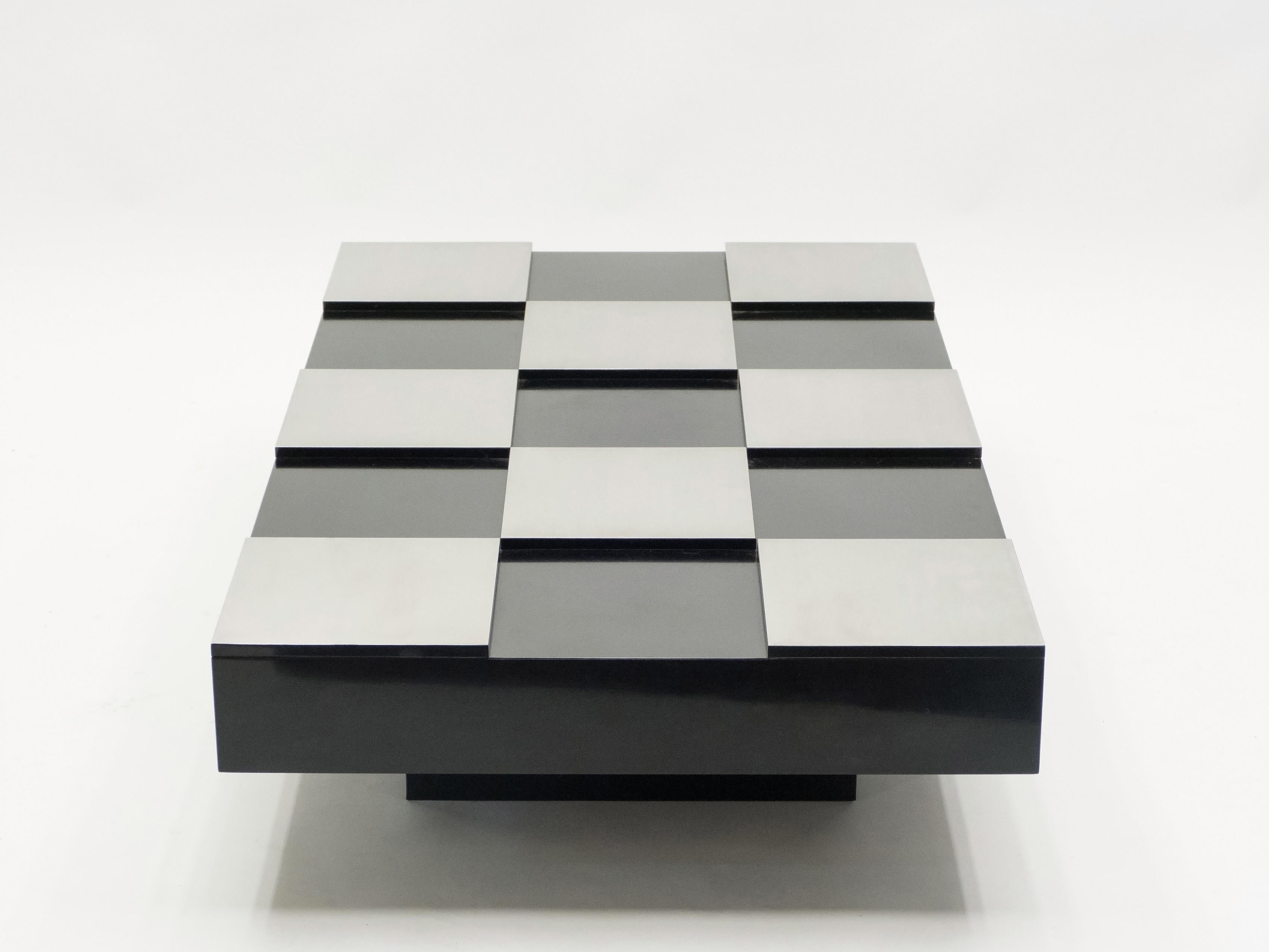 Willy Rizzo Black Lacquer and Brushed Steel Coffee Table, 1970s 1