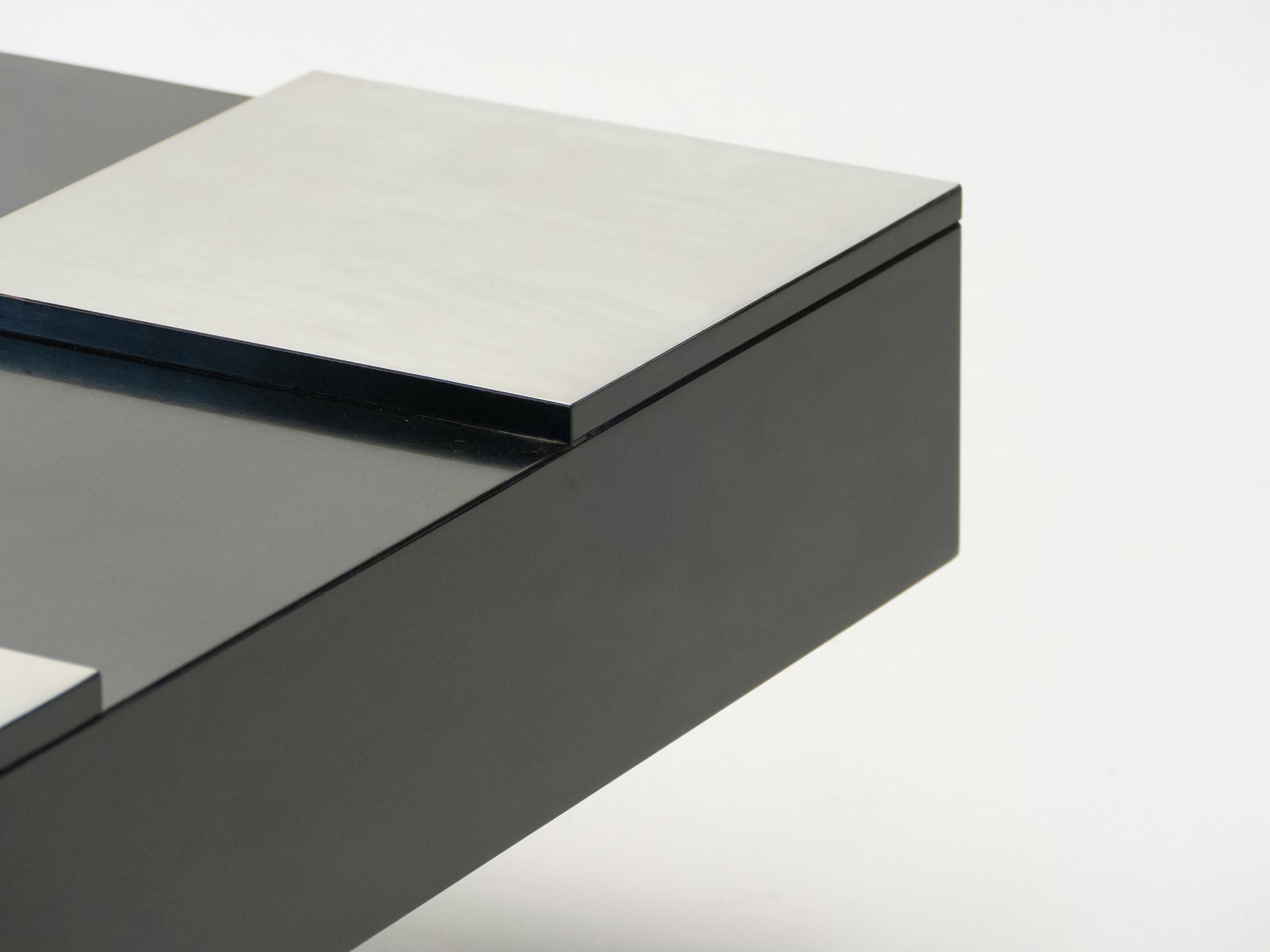 Willy Rizzo Black Lacquer and Brushed Steel Coffee Table, 1970s 3