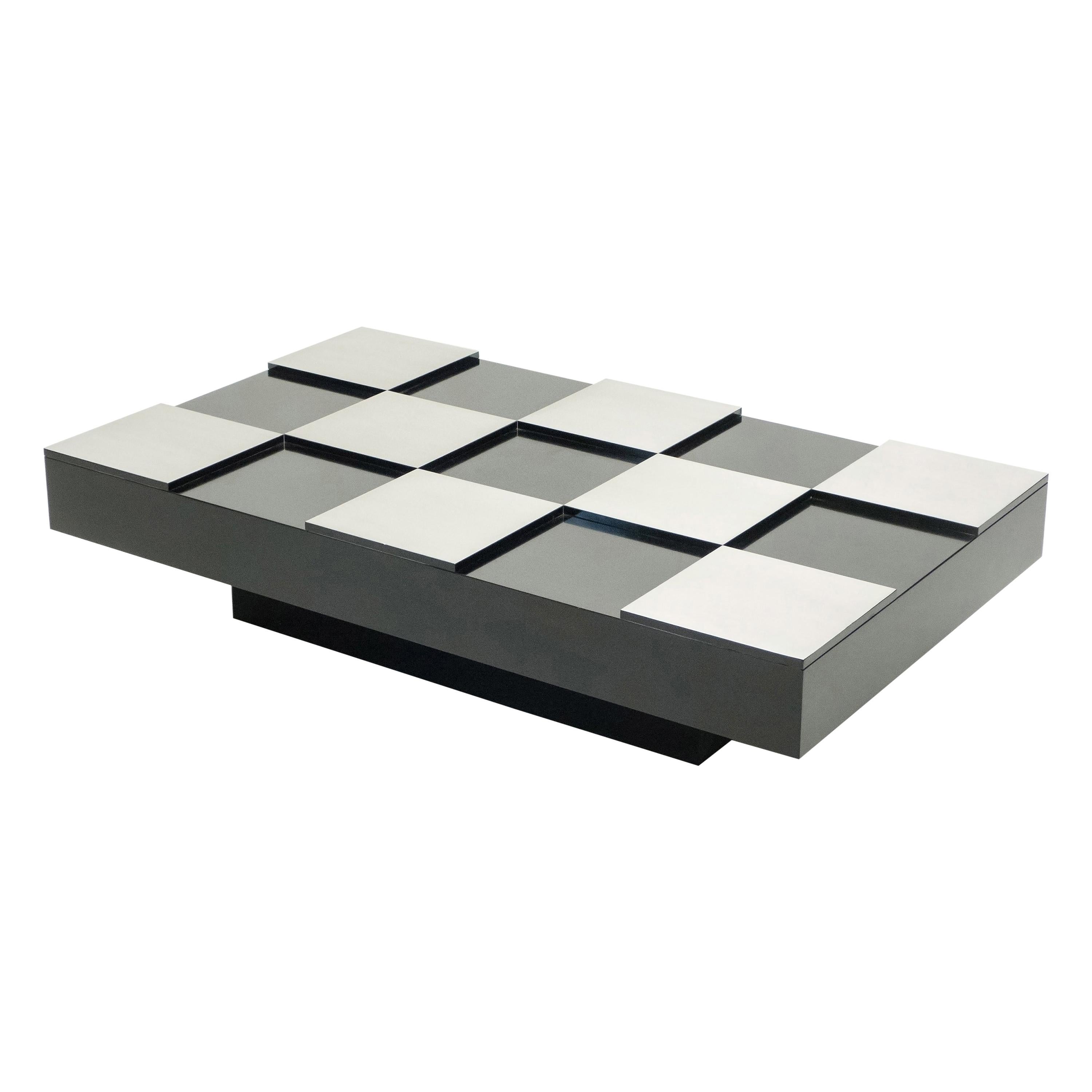 Willy Rizzo Black Lacquer and Brushed Steel Coffee Table, 1970s