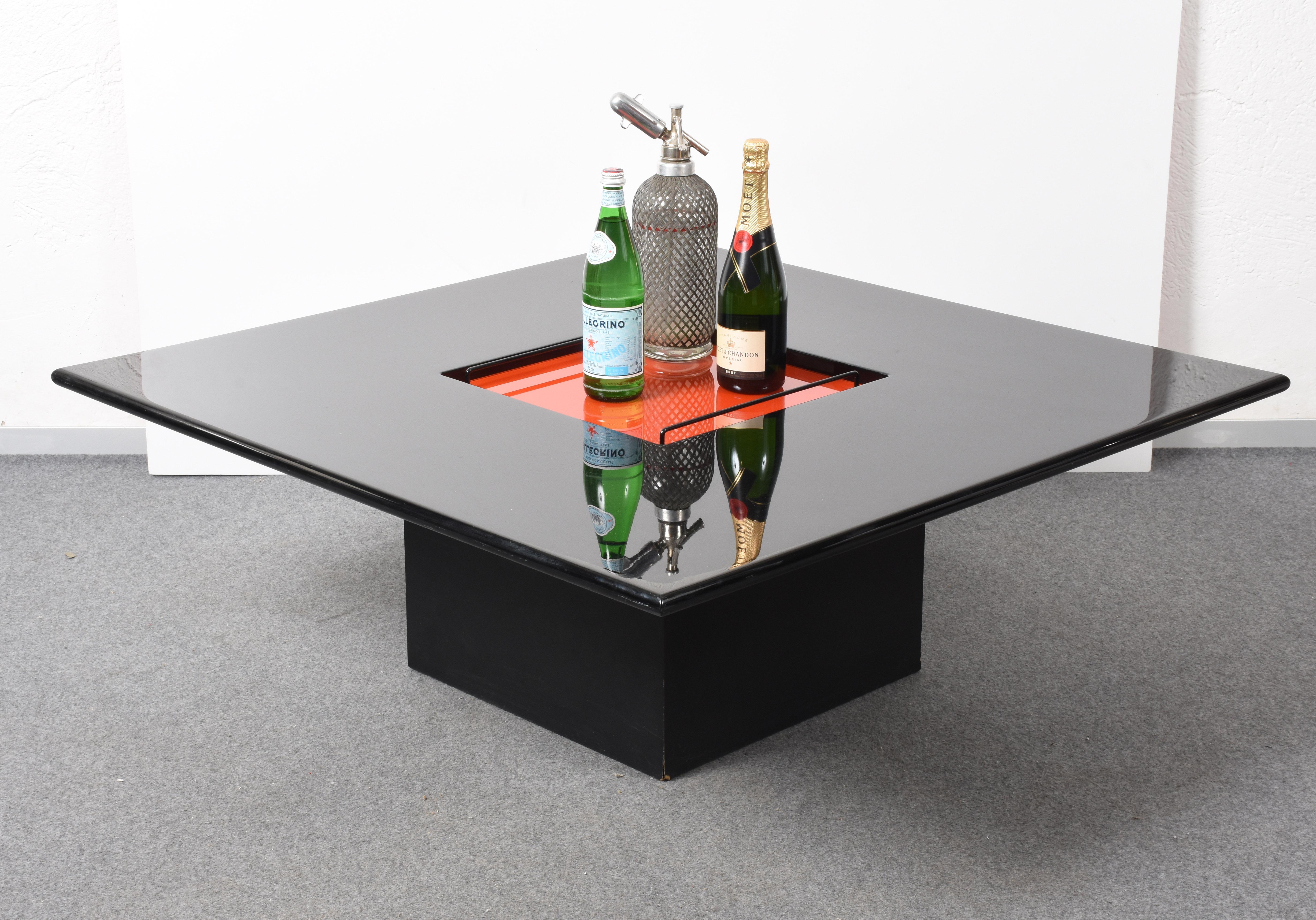 Willy Rizzo Black Lacquered Wood Italian Coffee Table with Bar and Tray, 1970s 4