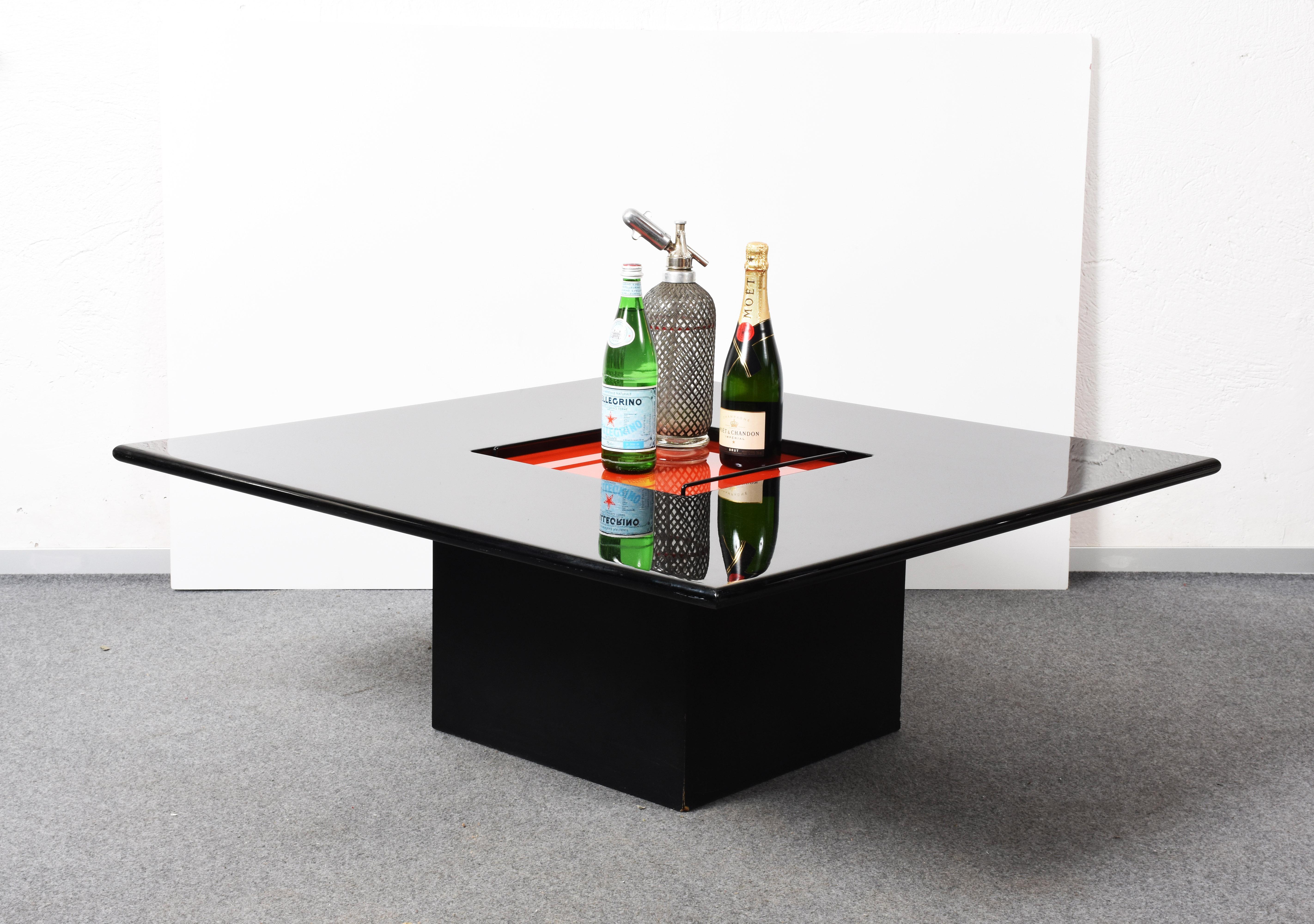 Willy Rizzo Black Lacquered Wood Italian Coffee Table with Bar and Tray, 1970s 5