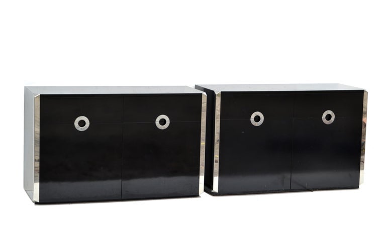 Mid-Century Modern Willy Rizzo Black Laminated Wood & Chrome Sideboard, Dresser, Cabinet Italy Pair For Sale