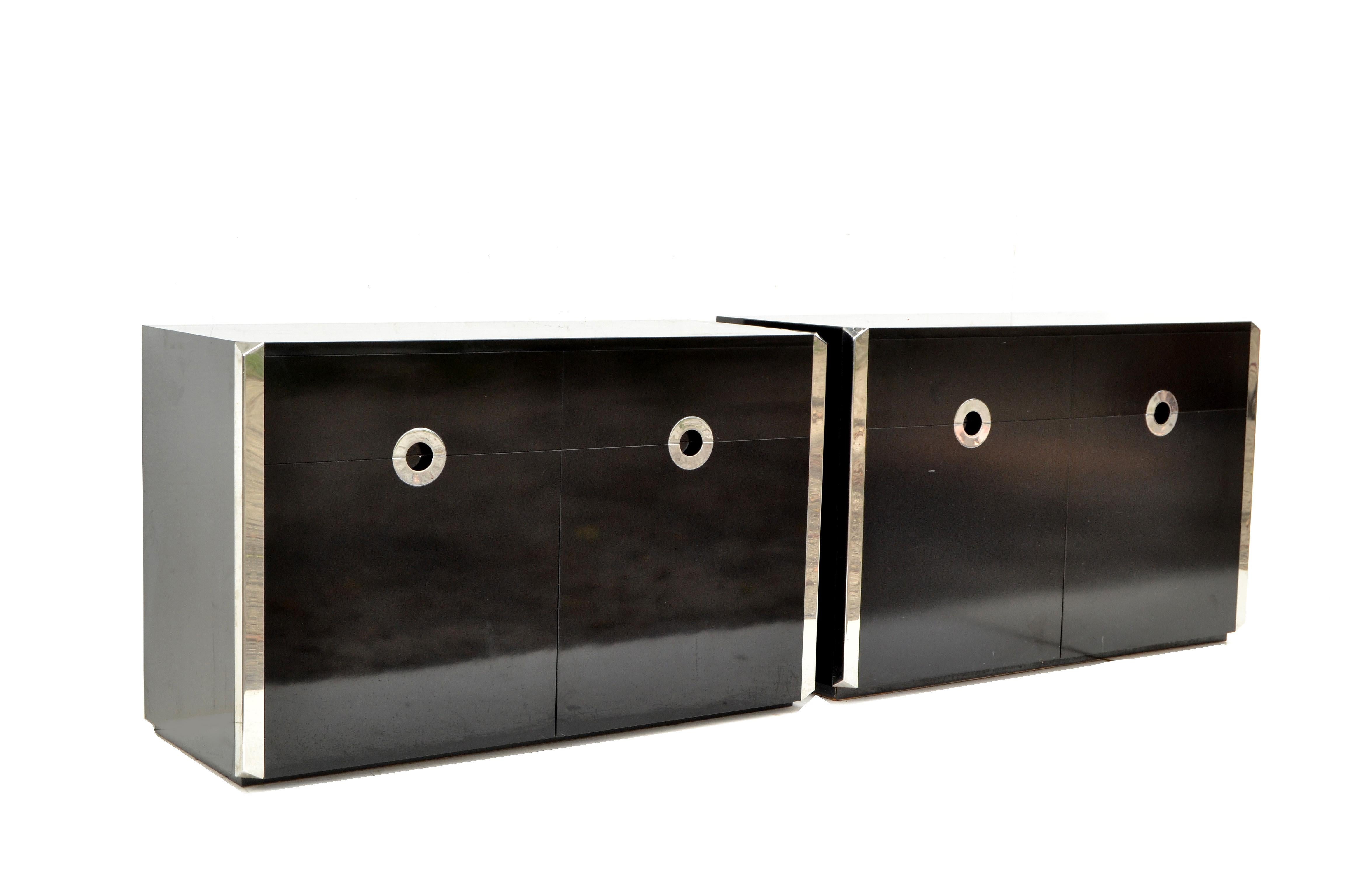 Mid-Century Modern Willy Rizzo Black Laminated Wood & Chrome Sideboard, Dresser, Cabinet Italy Pair For Sale