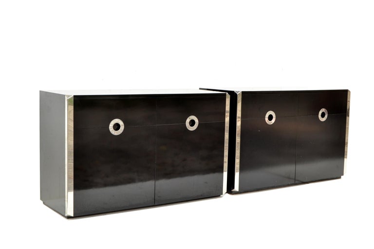 Italian Willy Rizzo Black Laminated Wood & Chrome Sideboard, Dresser, Cabinet Italy Pair For Sale