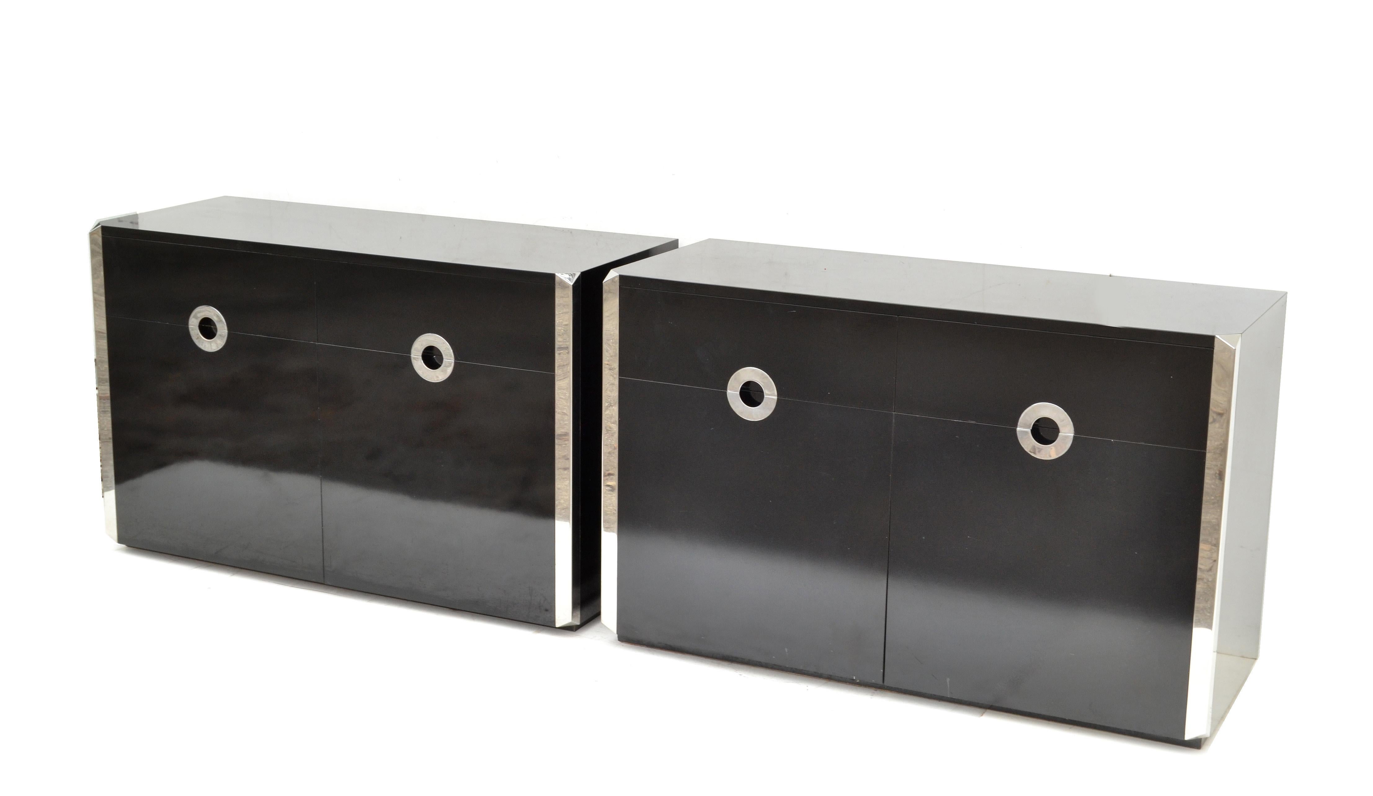 Italian Willy Rizzo Black Laminated Wood & Chrome Sideboard, Dresser, Cabinet Italy Pair For Sale