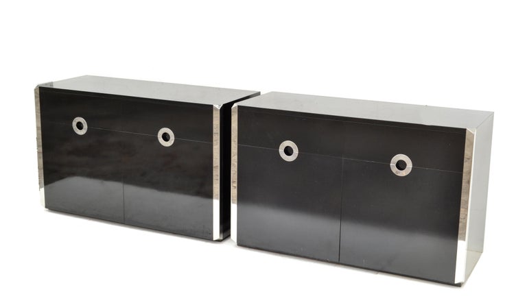 Willy Rizzo Black Laminated Wood & Chrome Sideboard, Dresser, Cabinet Italy Pair In Good Condition For Sale In Miami, FL