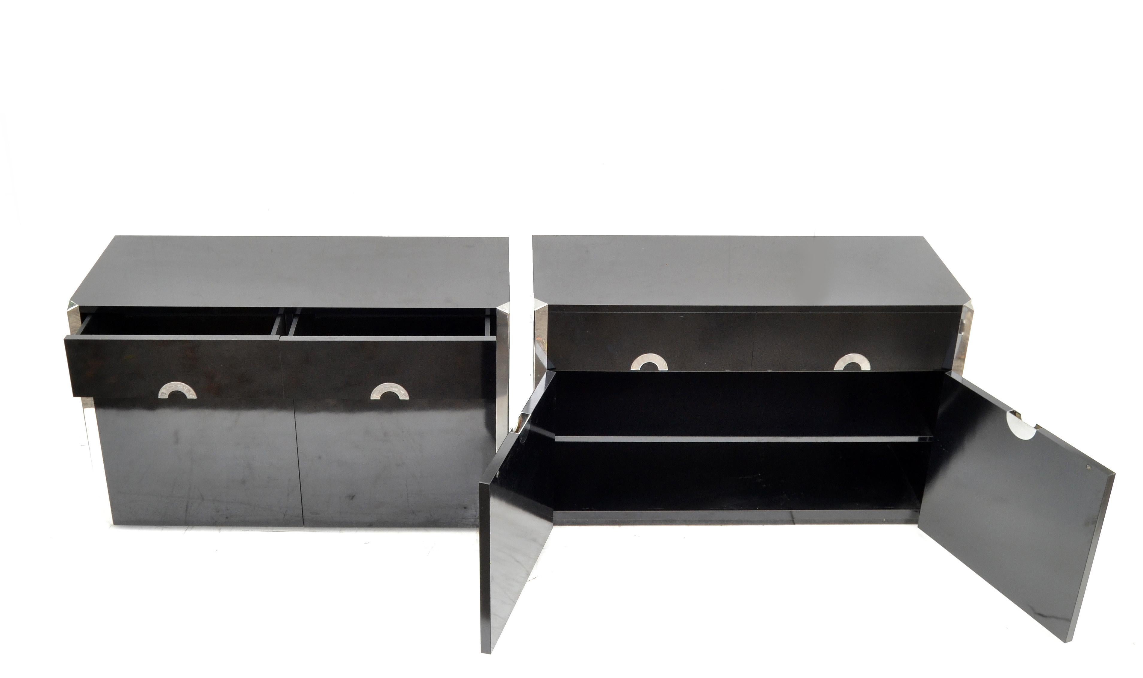 Willy Rizzo Black Laminated Wood & Chrome Sideboard, Dresser, Cabinet Italy Pair In Good Condition For Sale In Miami, FL