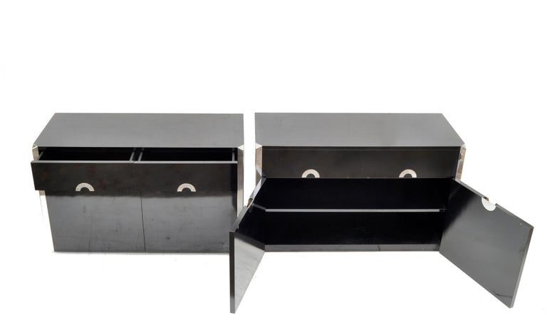 Late 20th Century Willy Rizzo Black Laminated Wood & Chrome Sideboard, Dresser, Cabinet Italy Pair For Sale