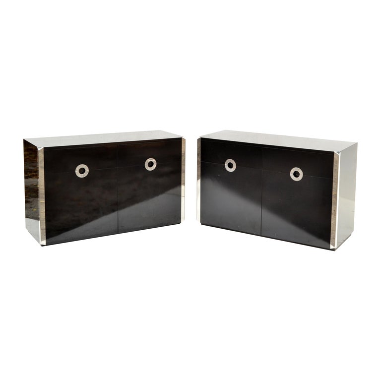 Willy Rizzo Black Laminated Wood & Chrome Sideboard, Dresser, Cabinet Italy Pair For Sale