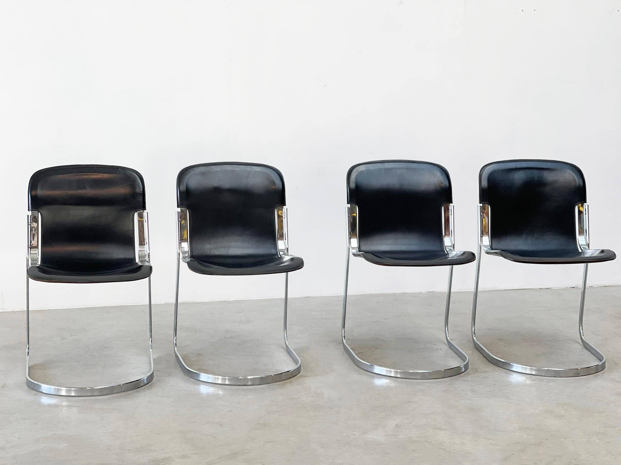 Italian Willy Rizzo black leather dining chairs For Sale