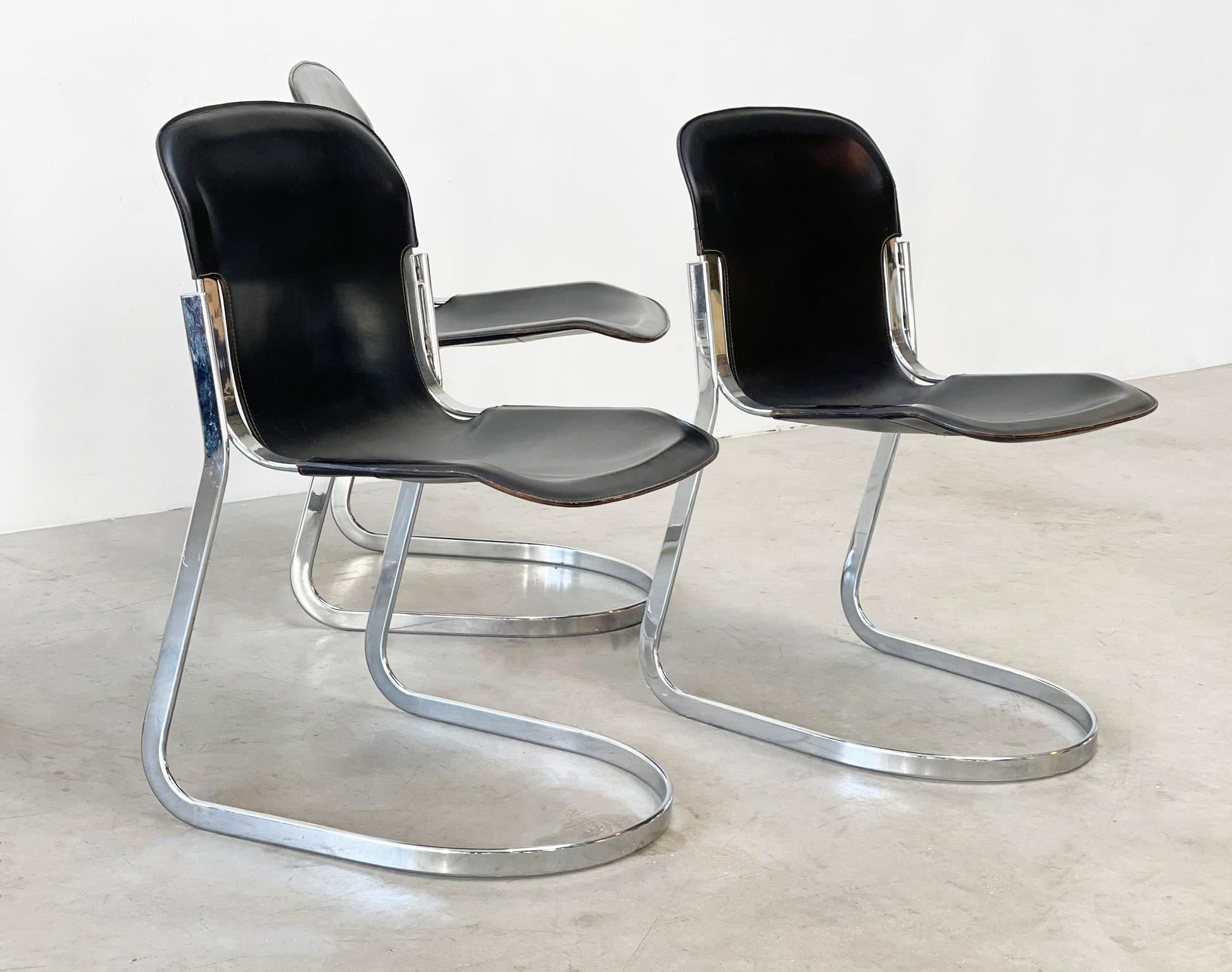 Willy Rizzo black leather dining chairs In Excellent Condition For Sale In Nijlen, VAN