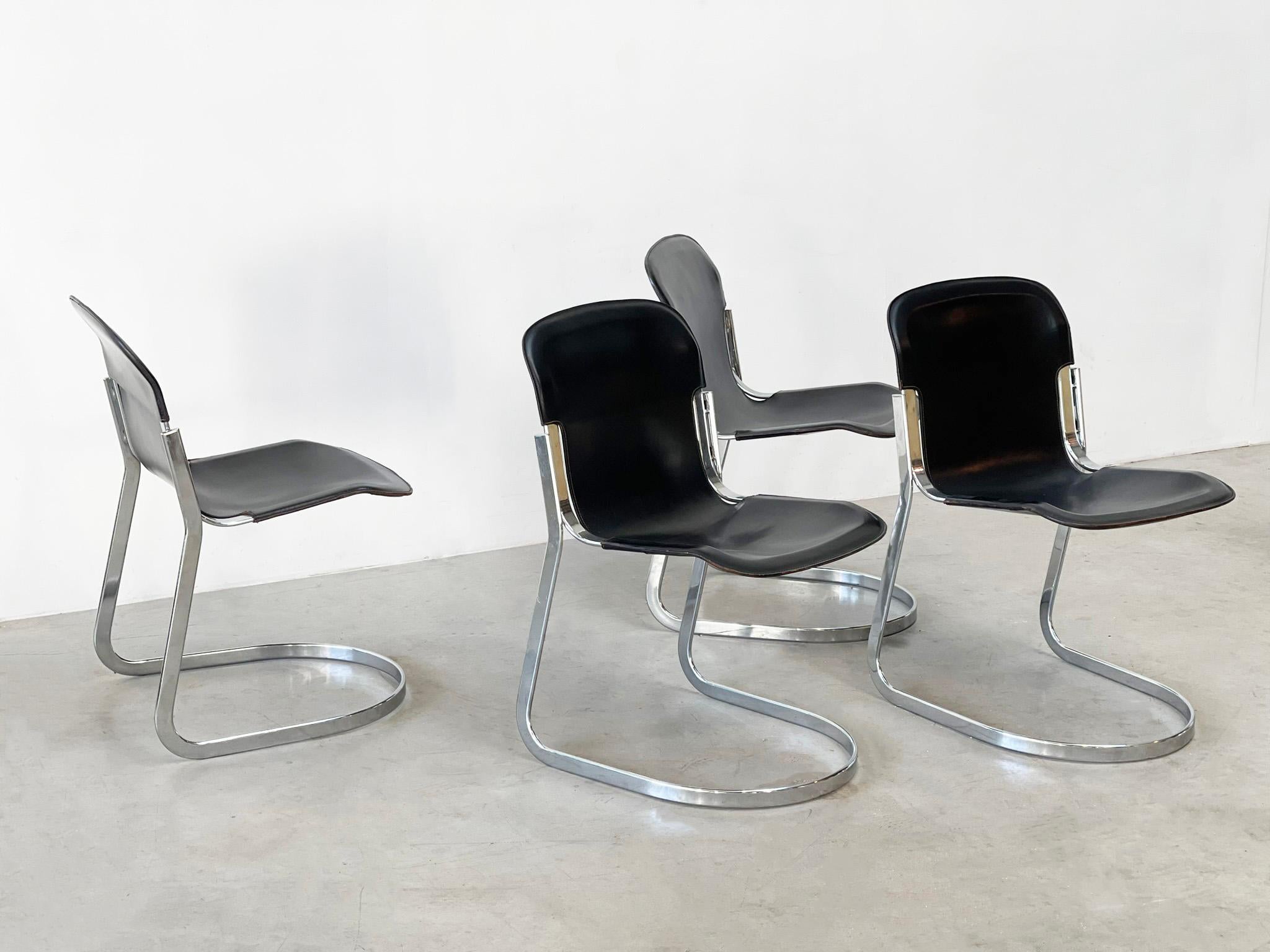 Late 20th Century Willy Rizzo black leather dining chairs For Sale