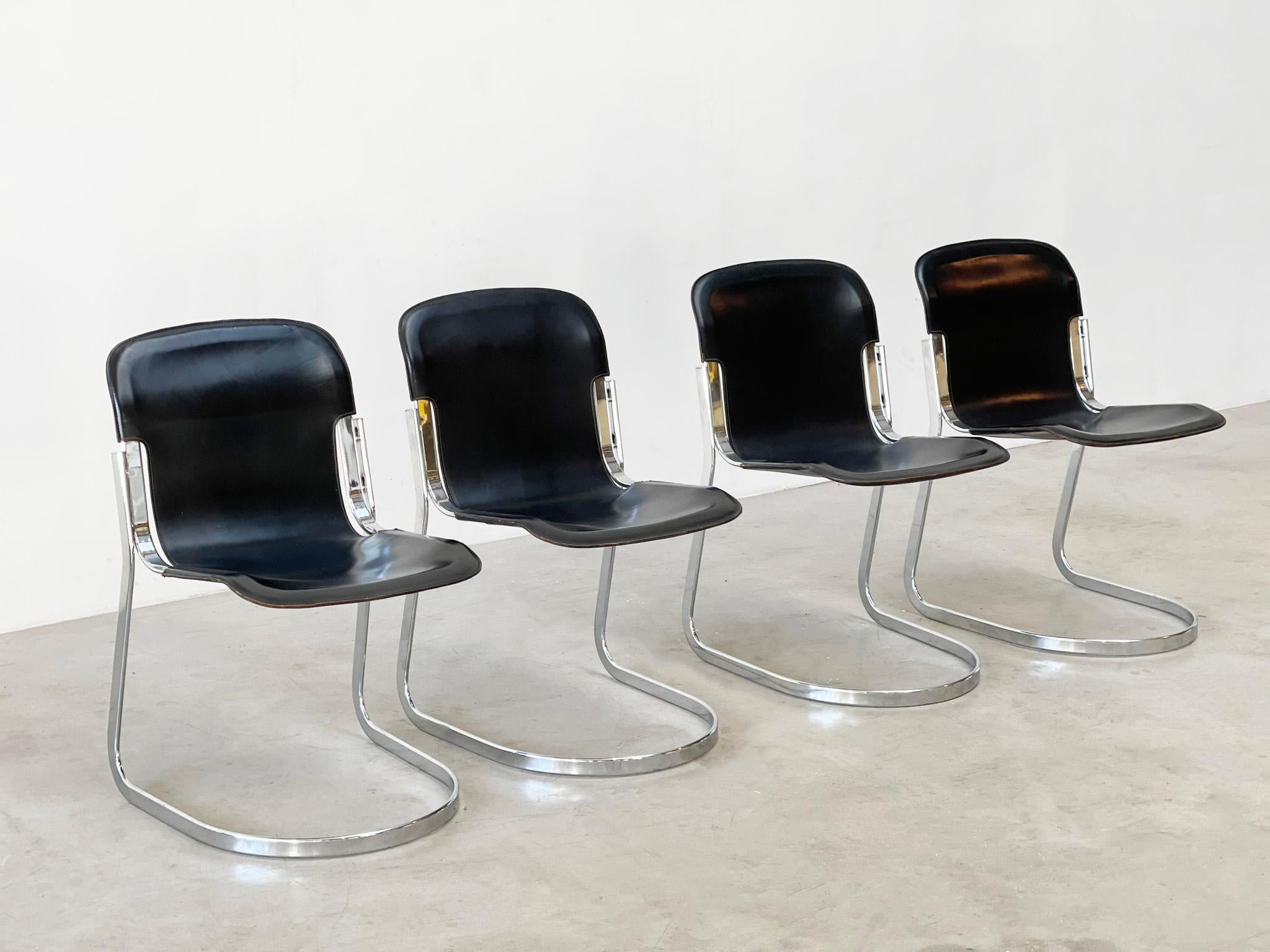 Leather Willy Rizzo black leather dining chairs For Sale