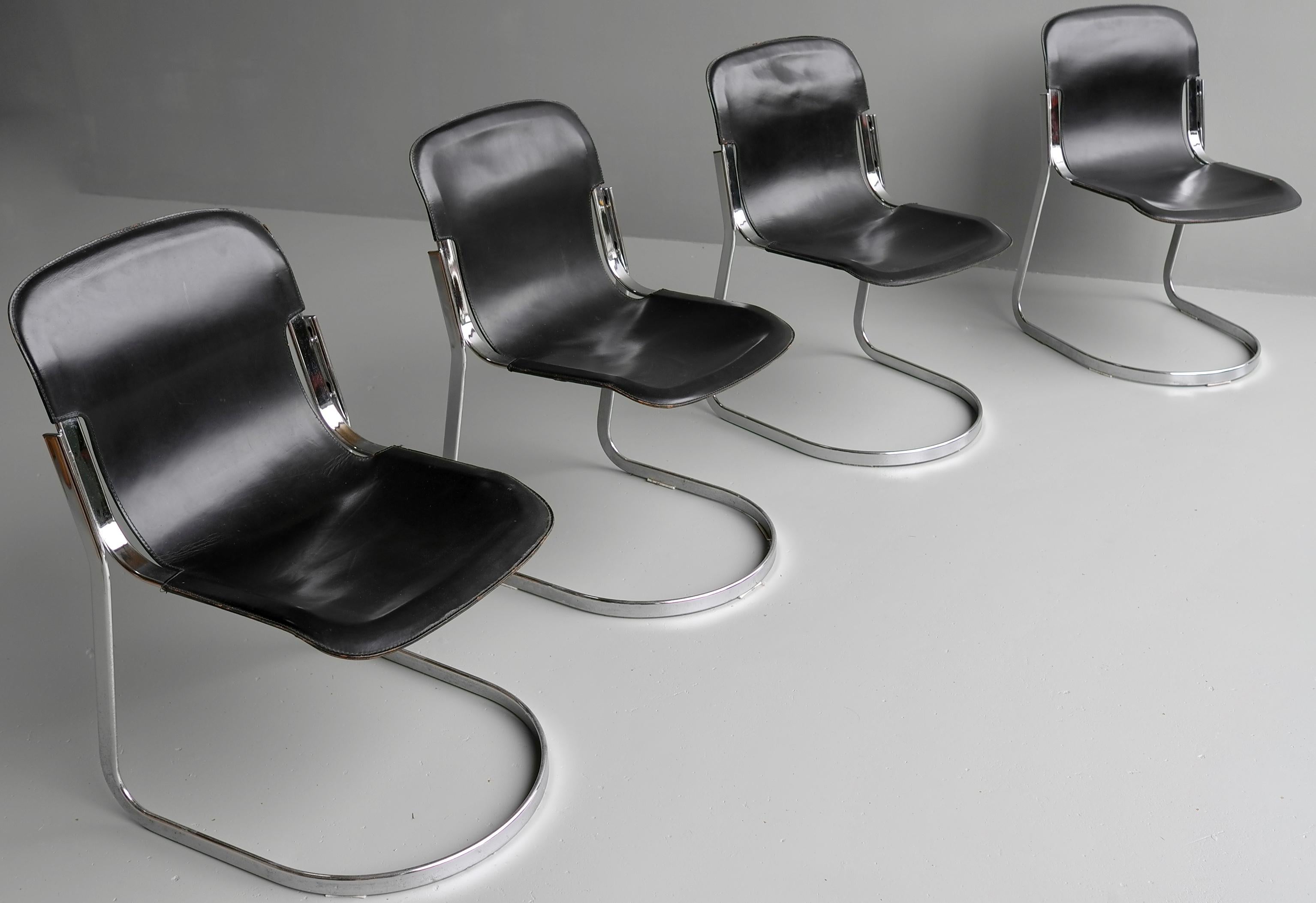Willy Rizzo black sling leather and chrome chairs for Cidue, Italy, 1970s.