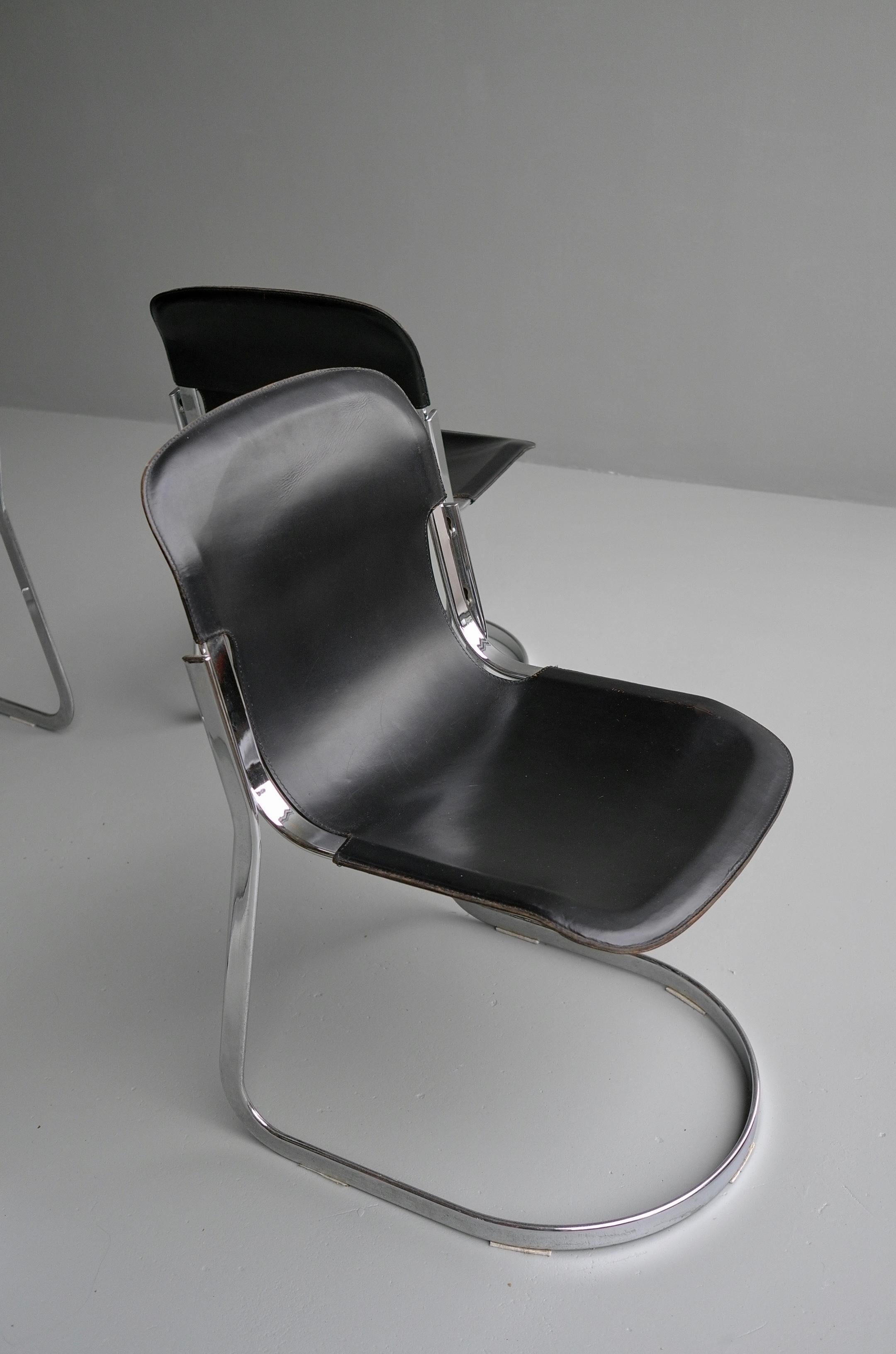Mid-Century Modern Willy Rizzo Black Sling Leather and Chrome Chairs for Cidue, Italy, 1970s
