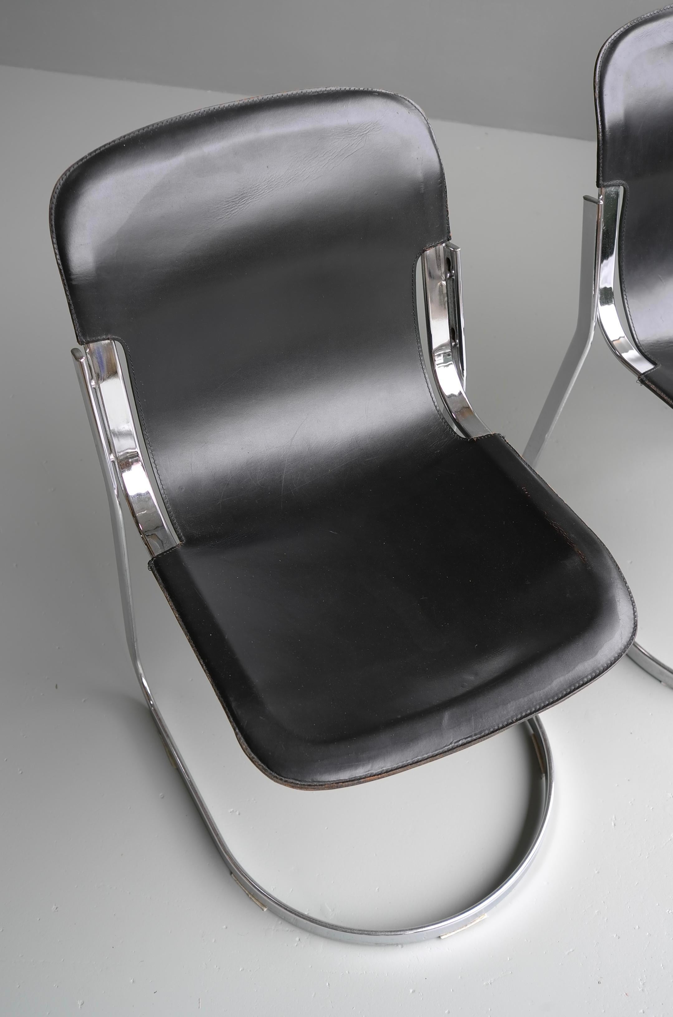 Italian Willy Rizzo Black Sling Leather and Chrome Chairs for Cidue, Italy, 1970s