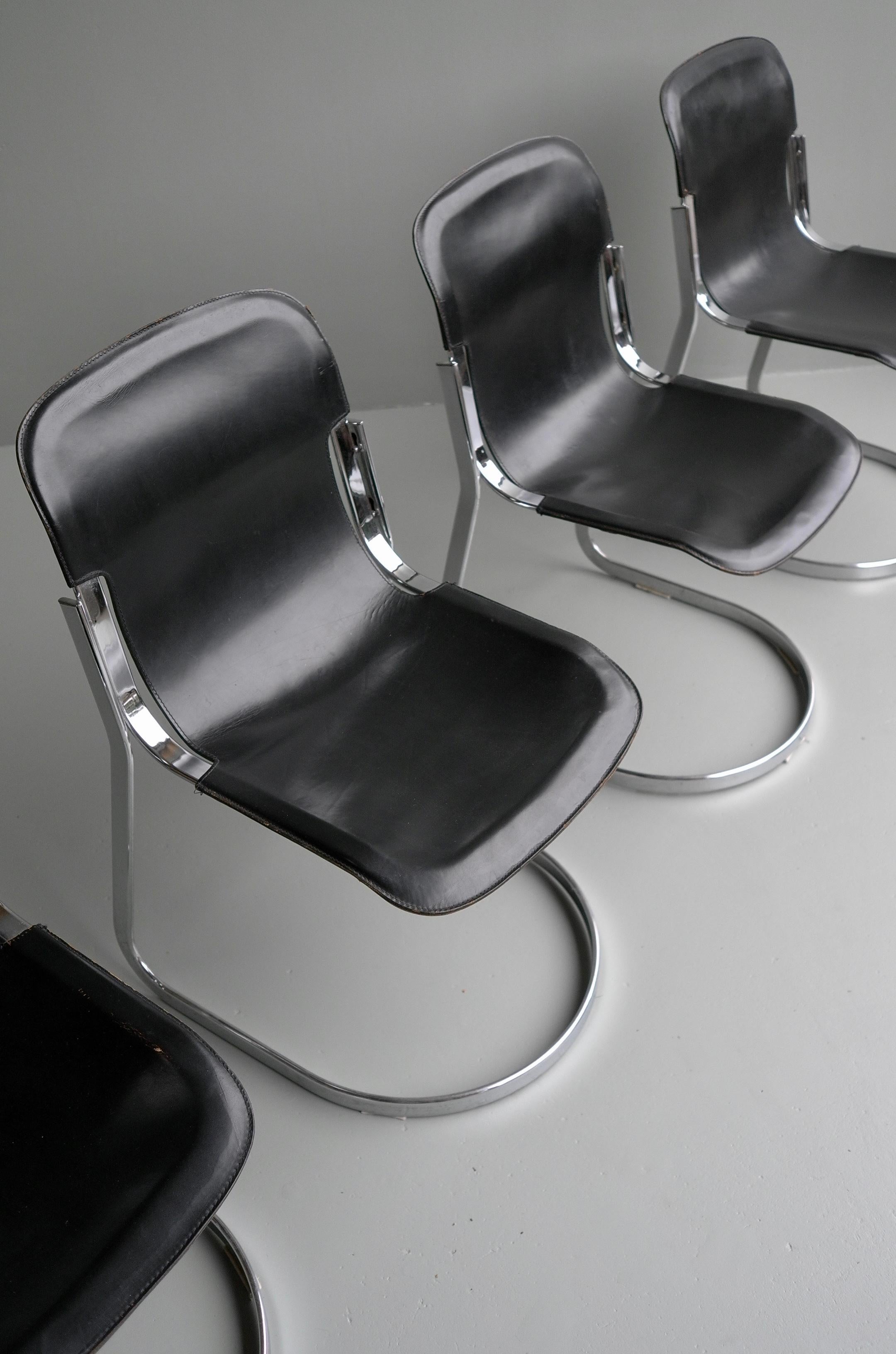 Willy Rizzo Black Sling Leather and Chrome Chairs for Cidue, Italy, 1970s In Good Condition In Den Haag, NL