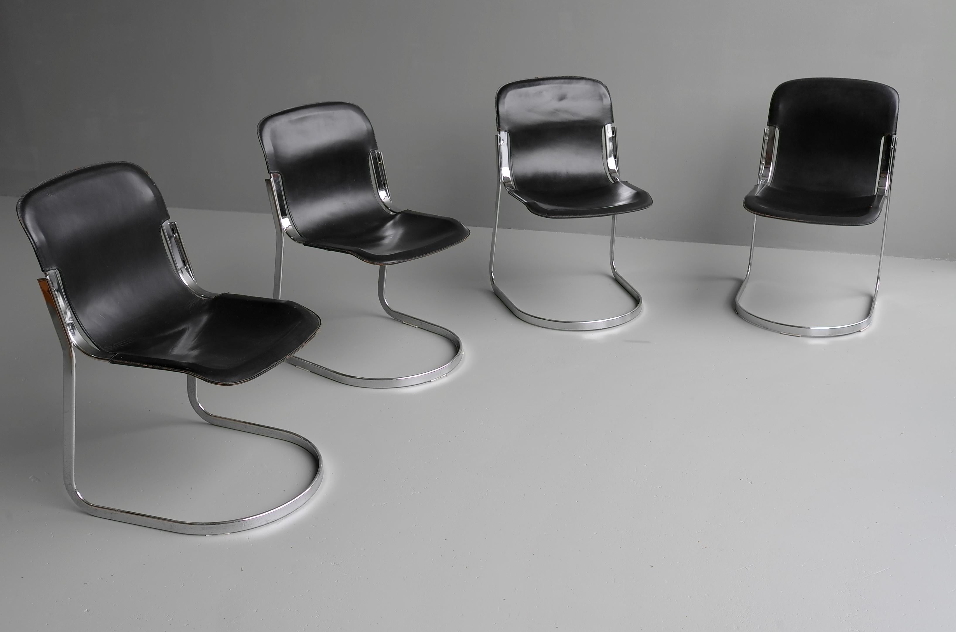 Late 20th Century Willy Rizzo Black Sling Leather and Chrome Chairs for Cidue, Italy, 1970s