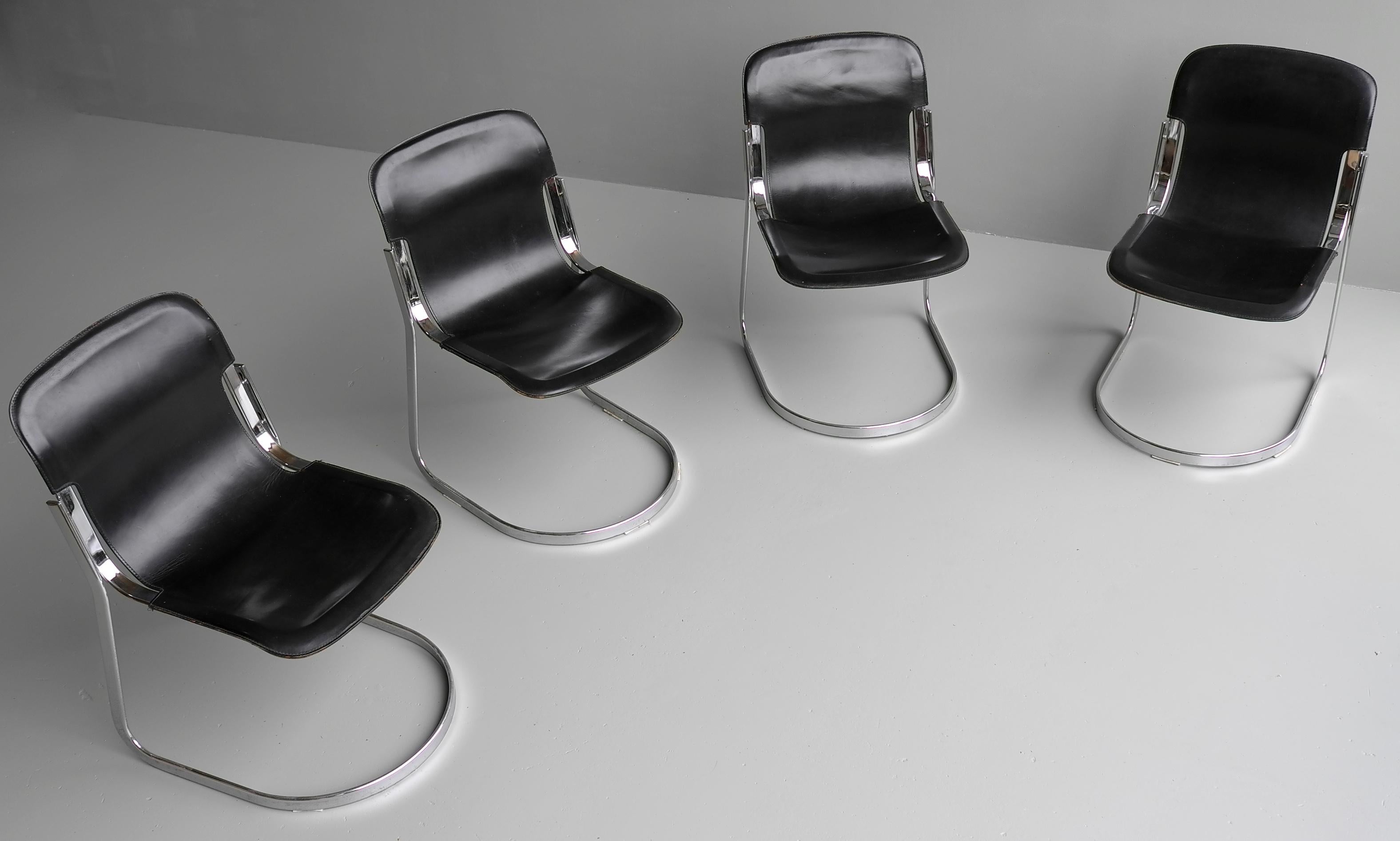 Willy Rizzo Black Sling Leather and Chrome Chairs for Cidue, Italy, 1970s 1