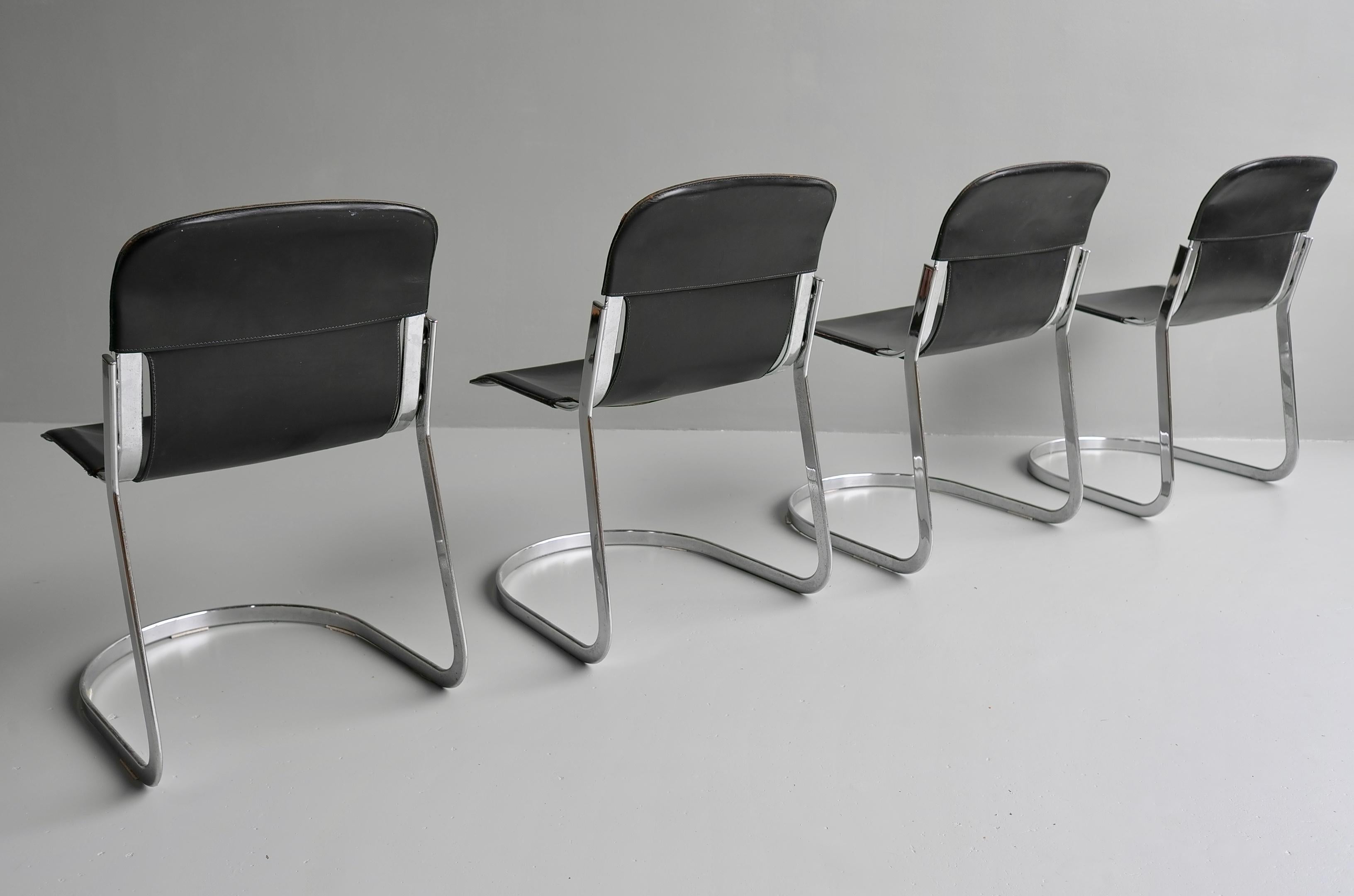 Willy Rizzo Black Sling Leather and Chrome Chairs for Cidue, Italy, 1970s 2