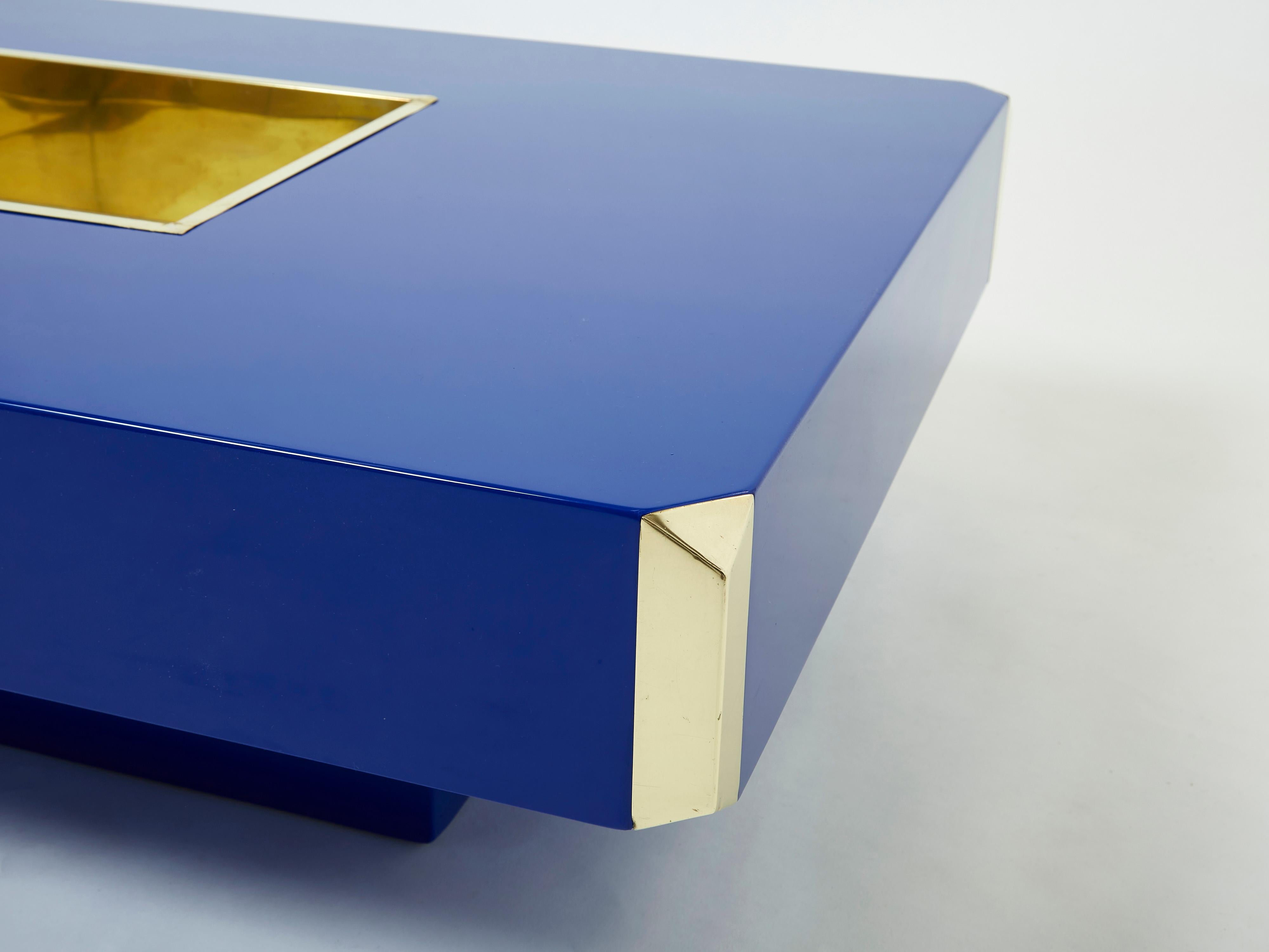 Mid-Century Modern Willy Rizzo Blue Lacquer and Brass Bar Coffee Table Alveo 1970s