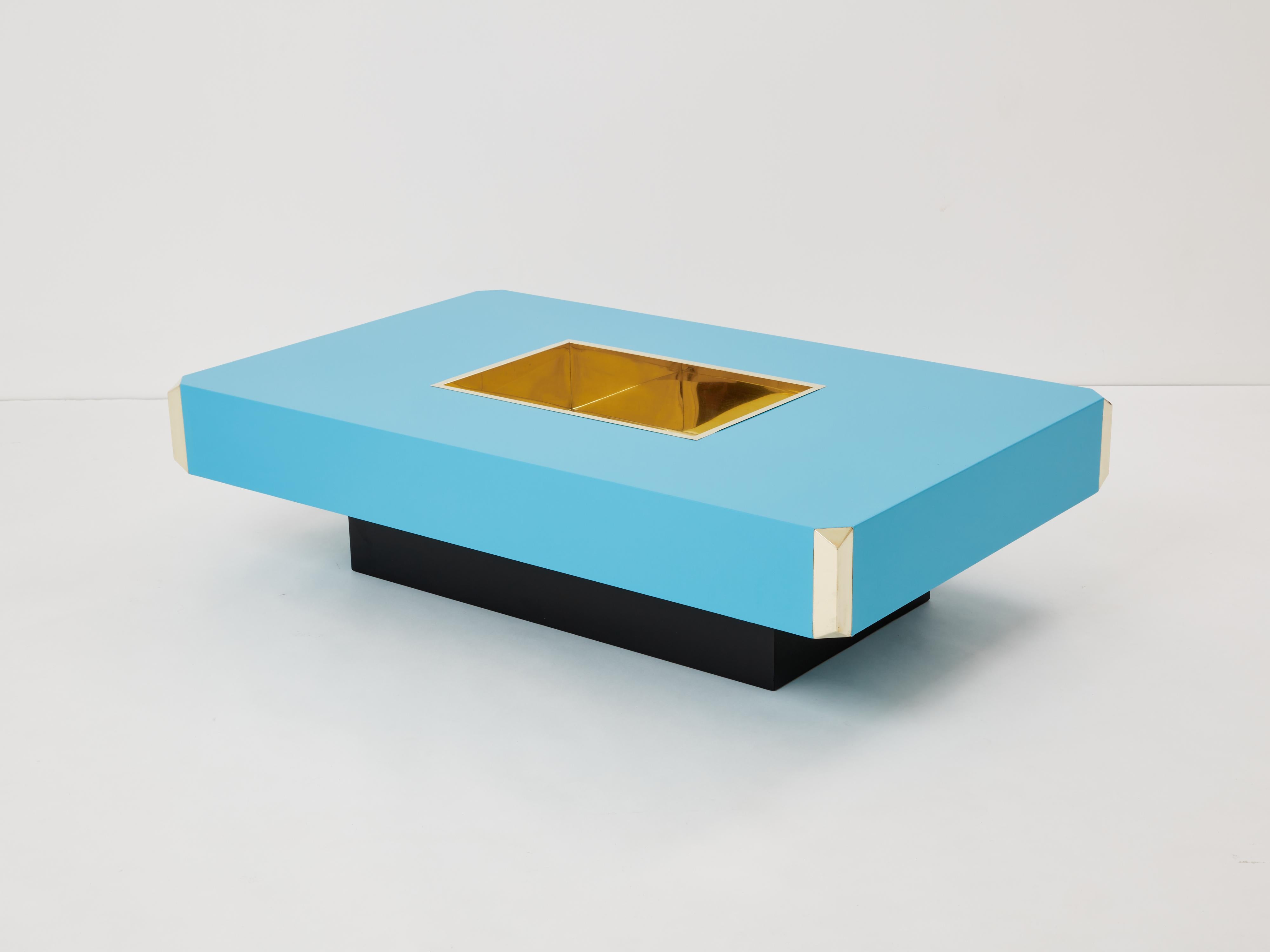 Mid-Century Modern Willy Rizzo blue lacquer and brass bar coffee table Alveo 1970s For Sale