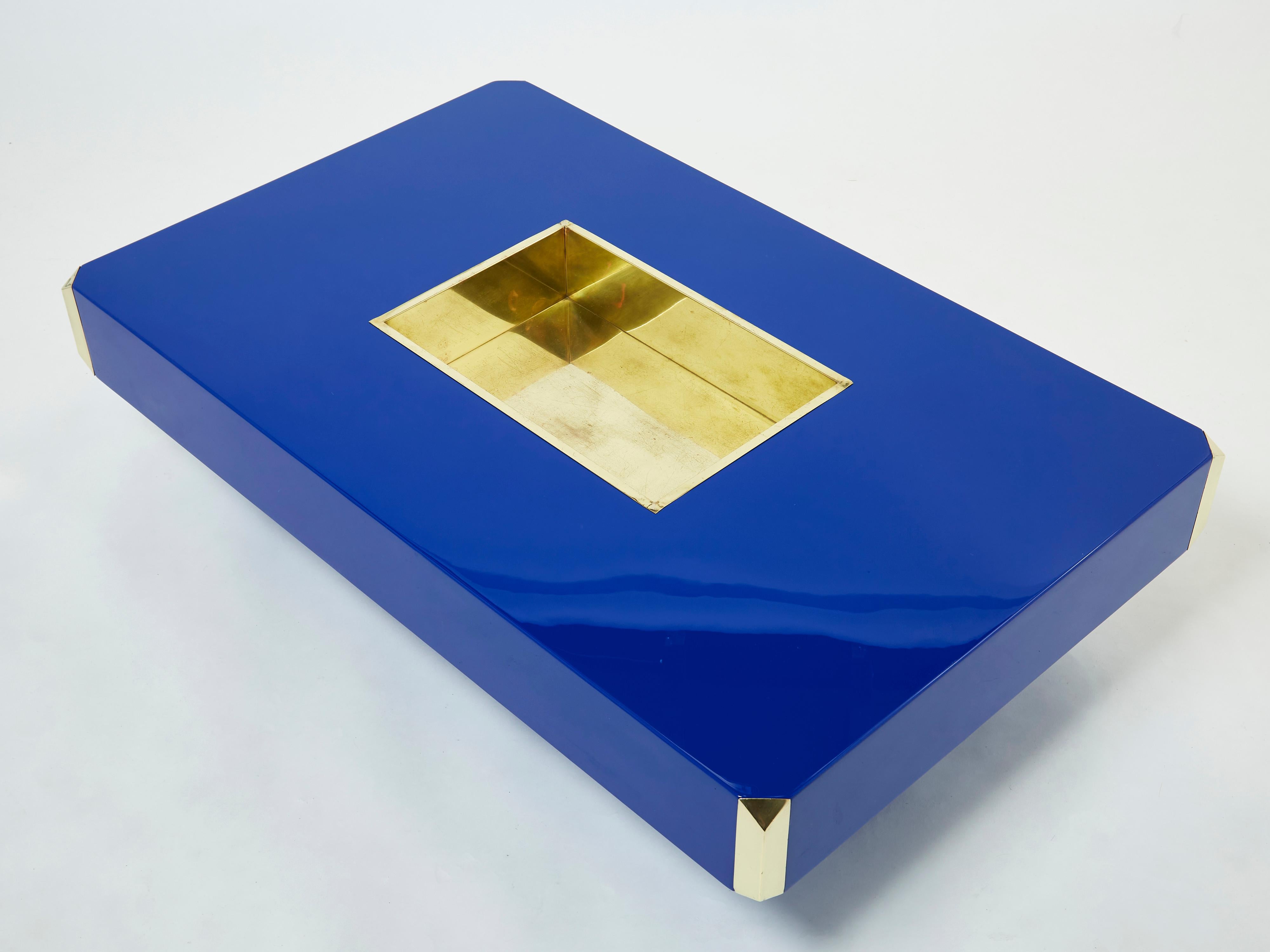 French Willy Rizzo Blue Lacquer and Brass Bar Coffee Table Alveo 1970s