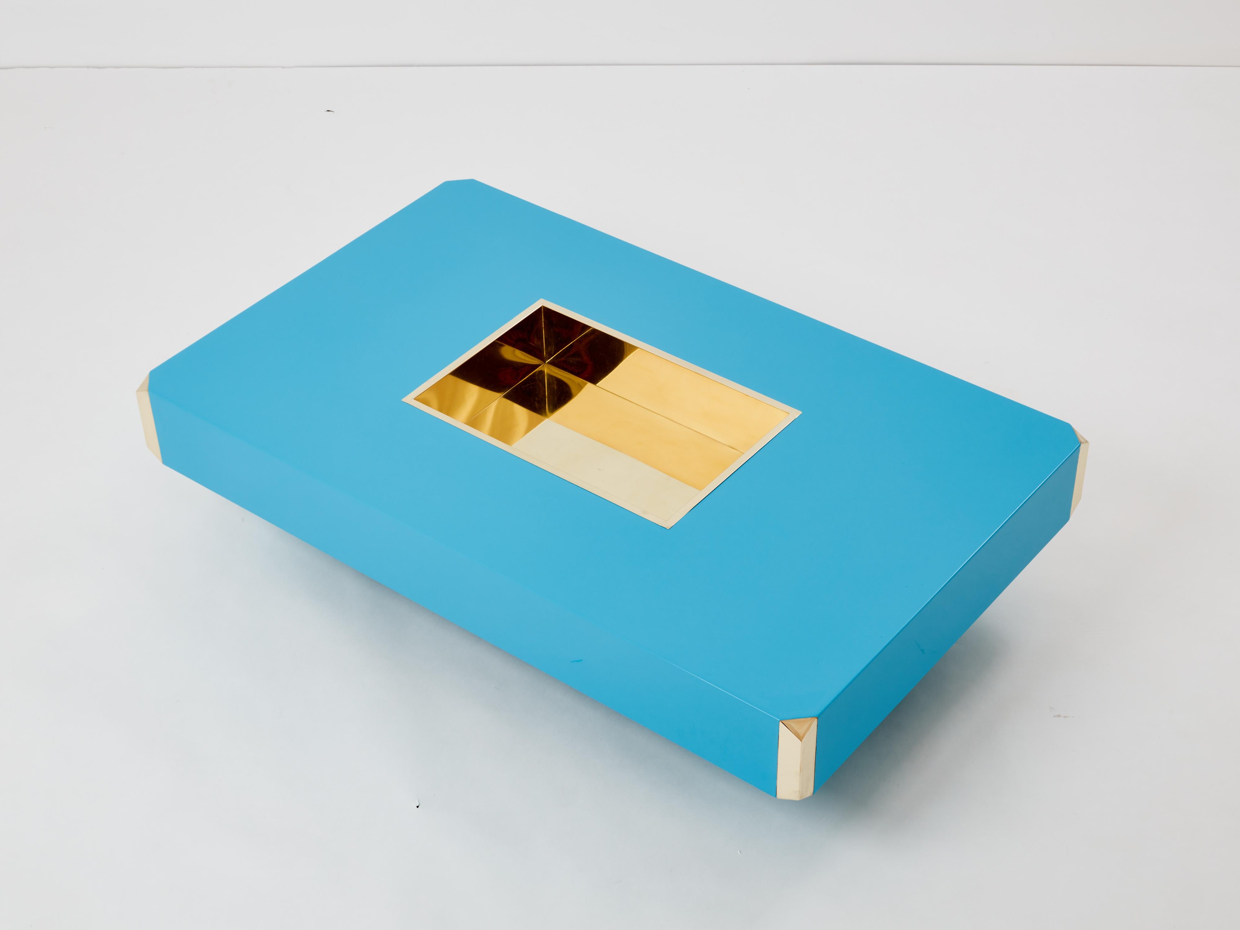 20th Century Willy Rizzo blue lacquer and brass bar coffee table Alveo 1970s For Sale