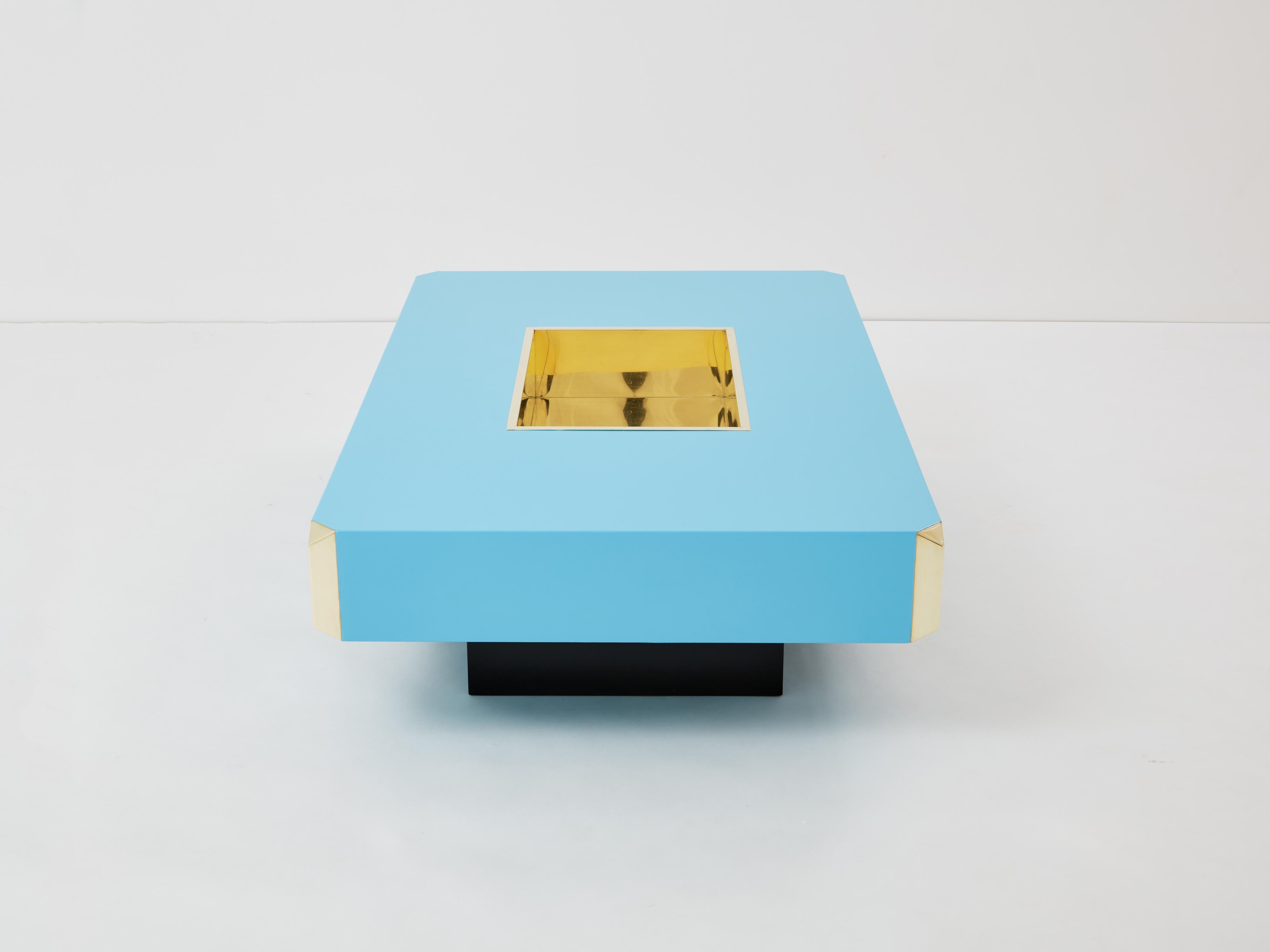 Willy Rizzo blue lacquer and brass bar coffee table Alveo 1970s For Sale 1