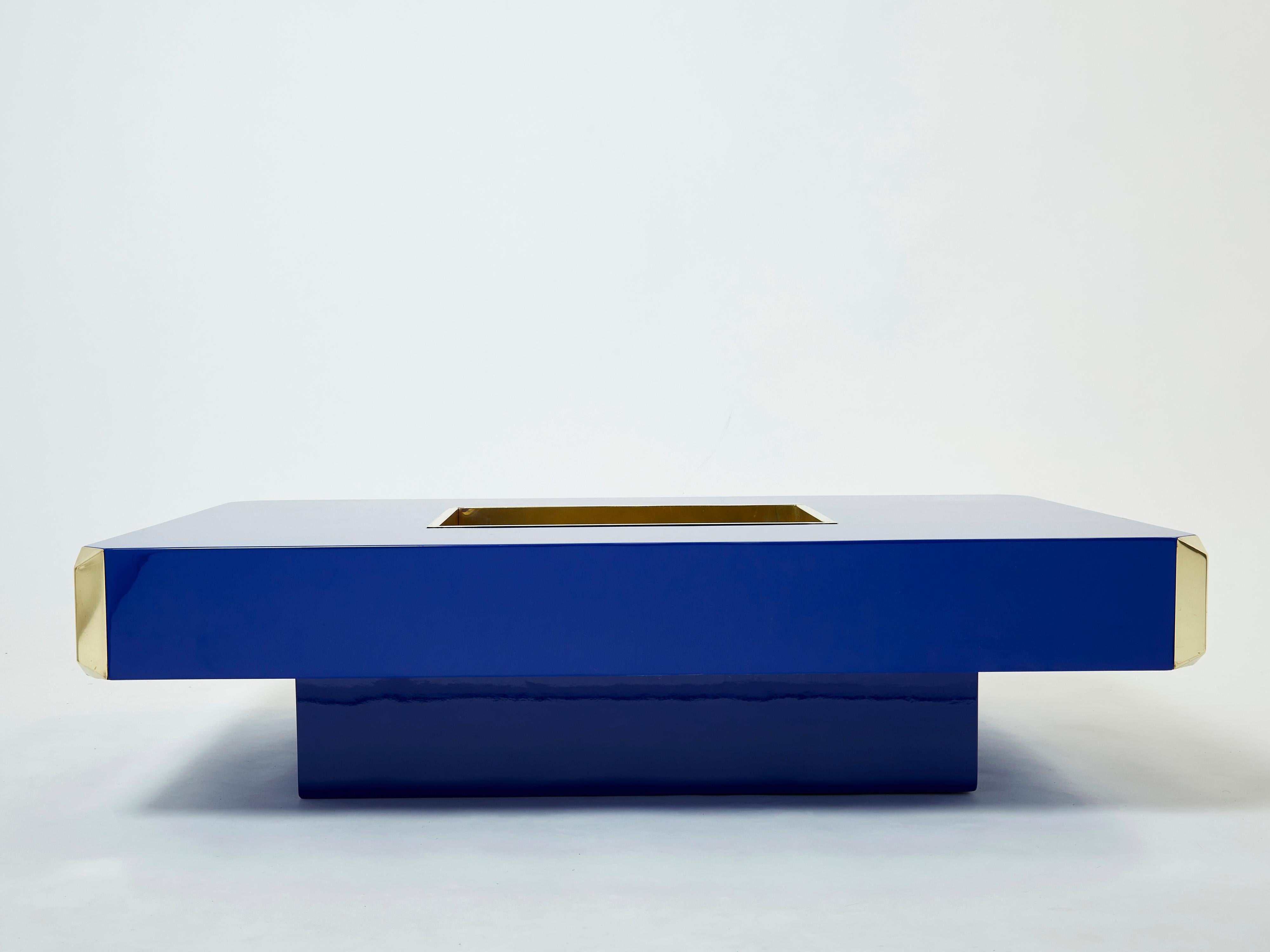 Willy Rizzo Blue Lacquer and Brass Bar Coffee Table Alveo 1970s 3