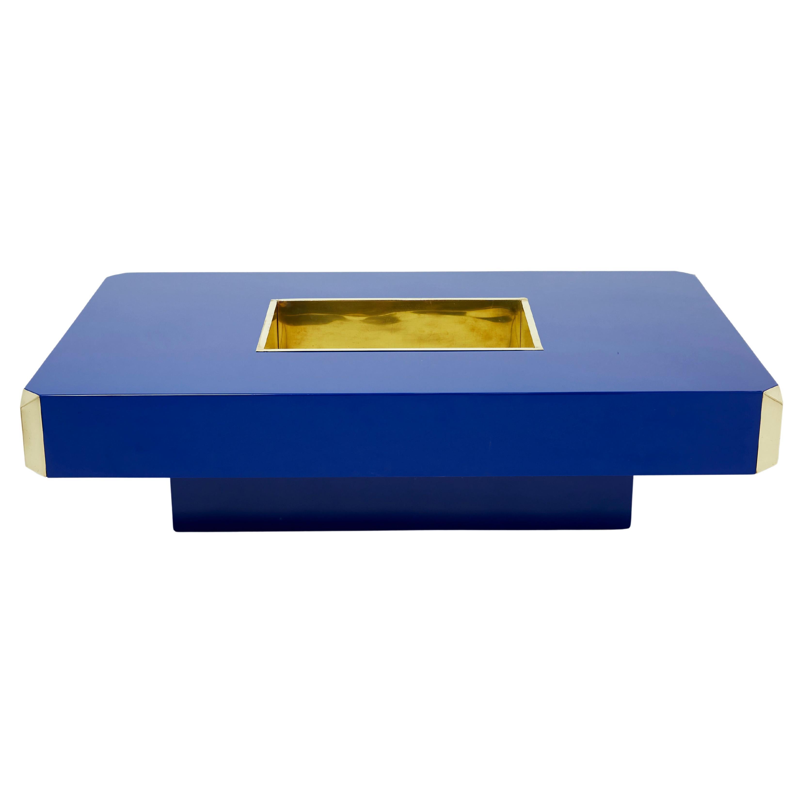 Willy Rizzo Blue Lacquer and Brass Bar Coffee Table Alveo 1970s