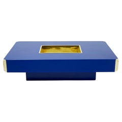 Willy Rizzo Blue Lacquer and Brass Bar Coffee Table Alveo 1970s