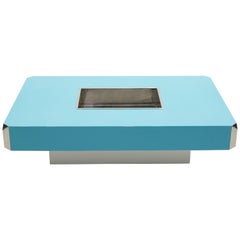 Willy Rizzo Blue Lacquer and Chrome Bar Coffee Table Alveo, 1970s