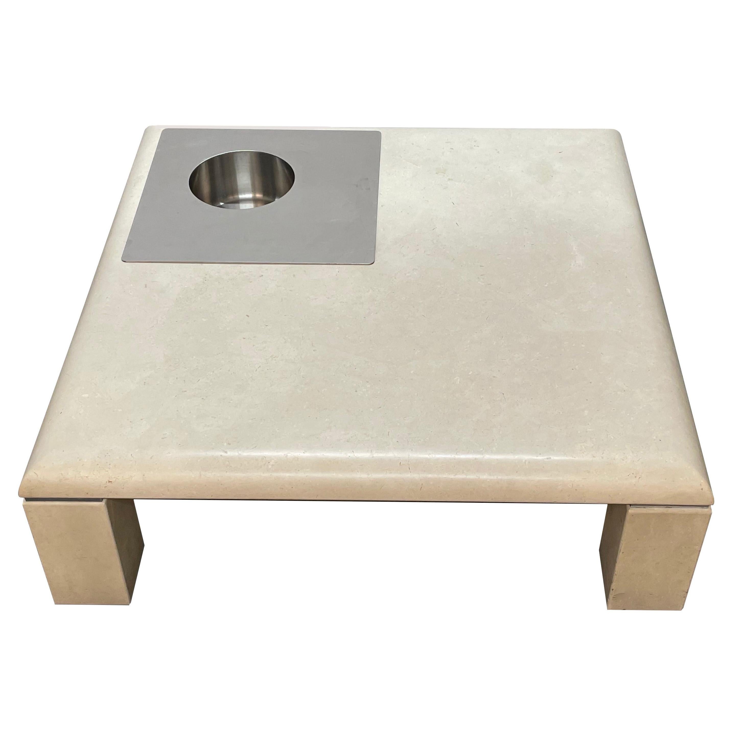 Willy Rizzo Botticino White Marble and Steel Square Italian Coffee Table, 1970s