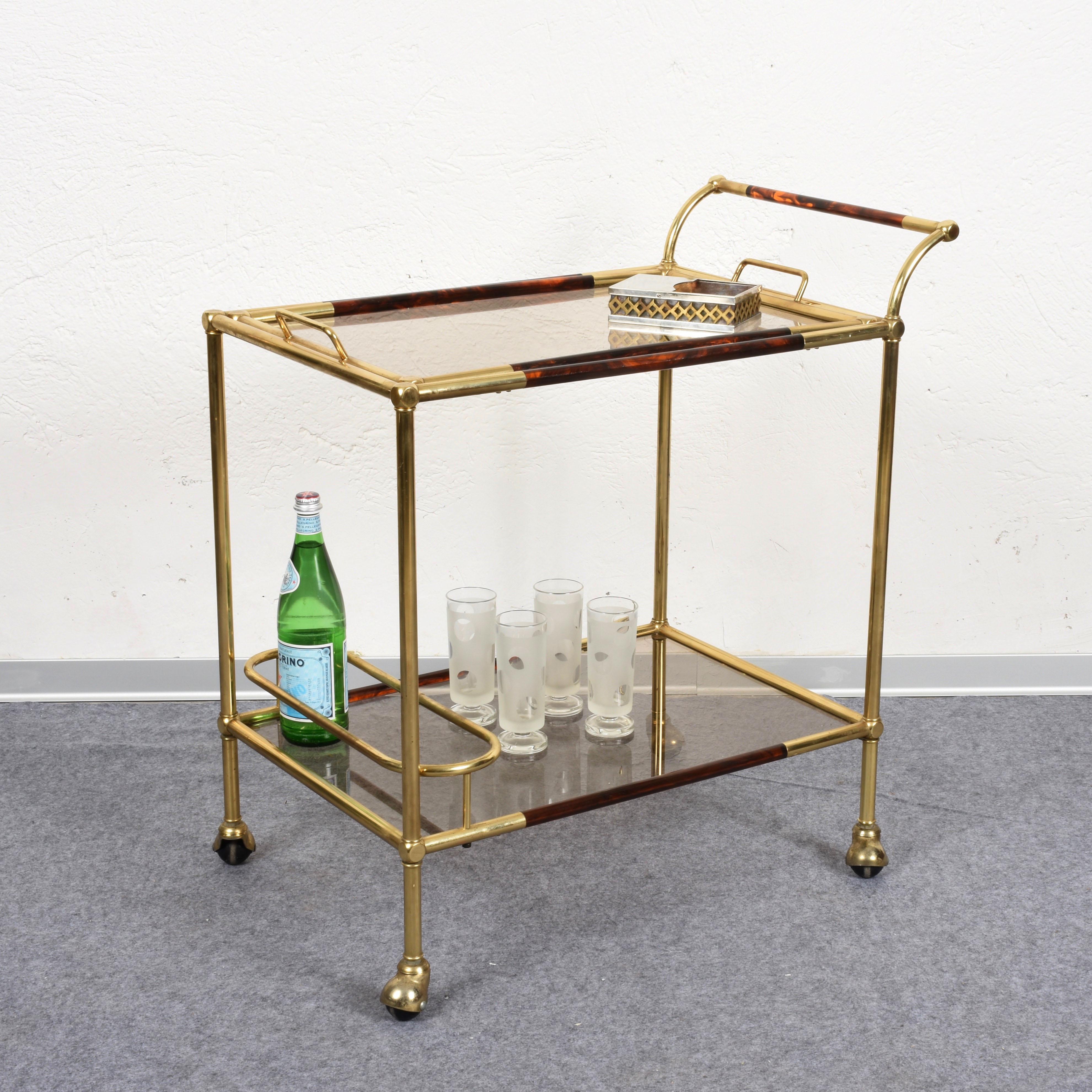 Willy Rizzo Brass and Lucite Tortoise Italian Trolley with Service Tray, 1980s 1