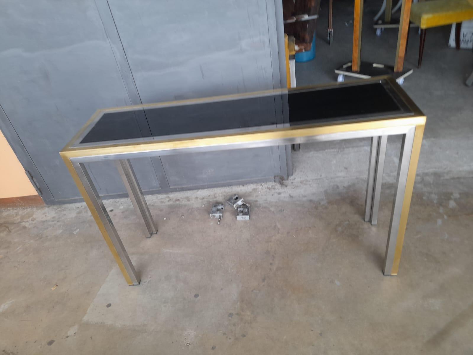 Modern Willy Rizzo Brass and Smoked Black Glass Console Table