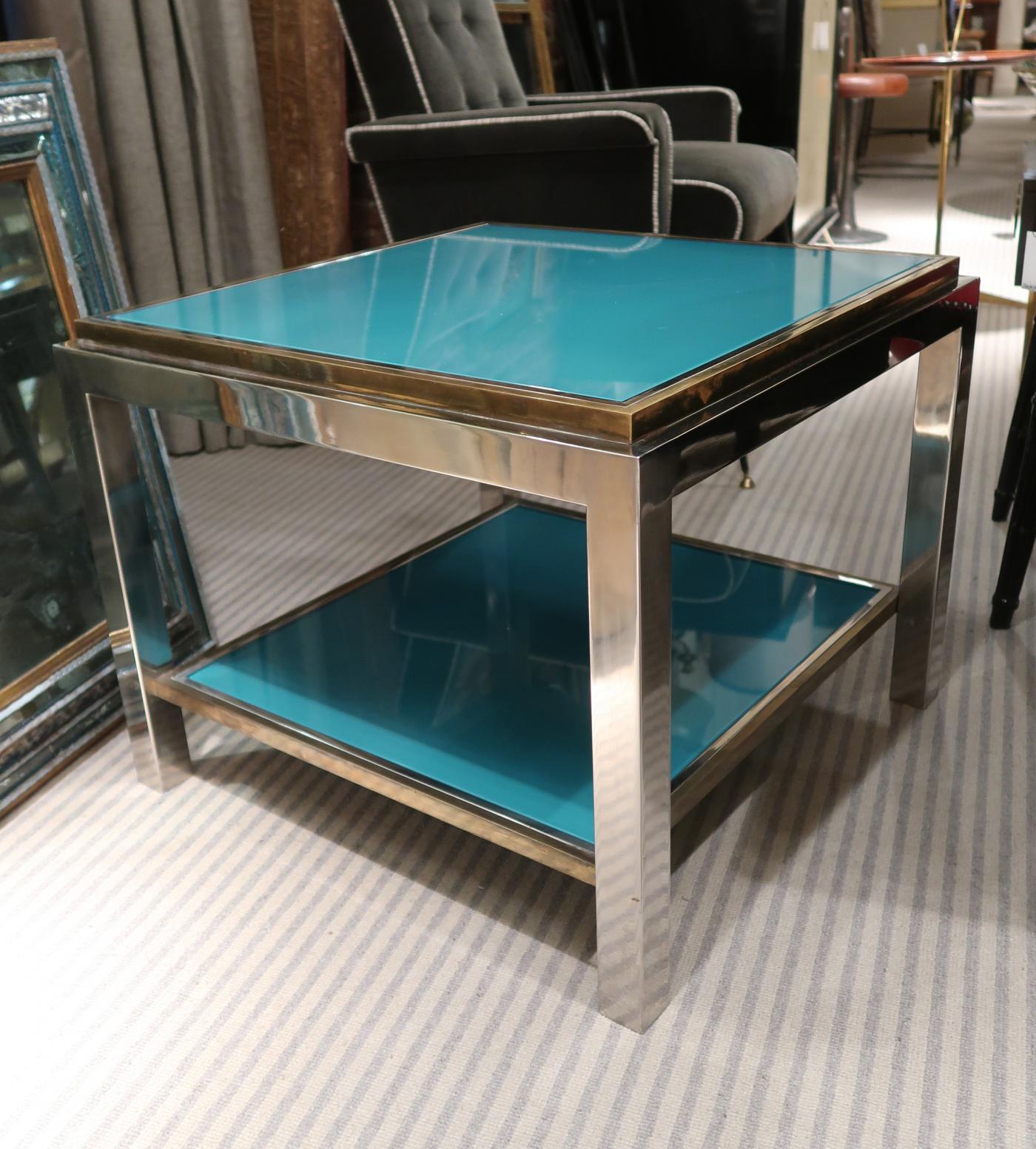 Willy Rizzo, brass, chromed and turquoise glass top coffee table, Italy, 1970.
