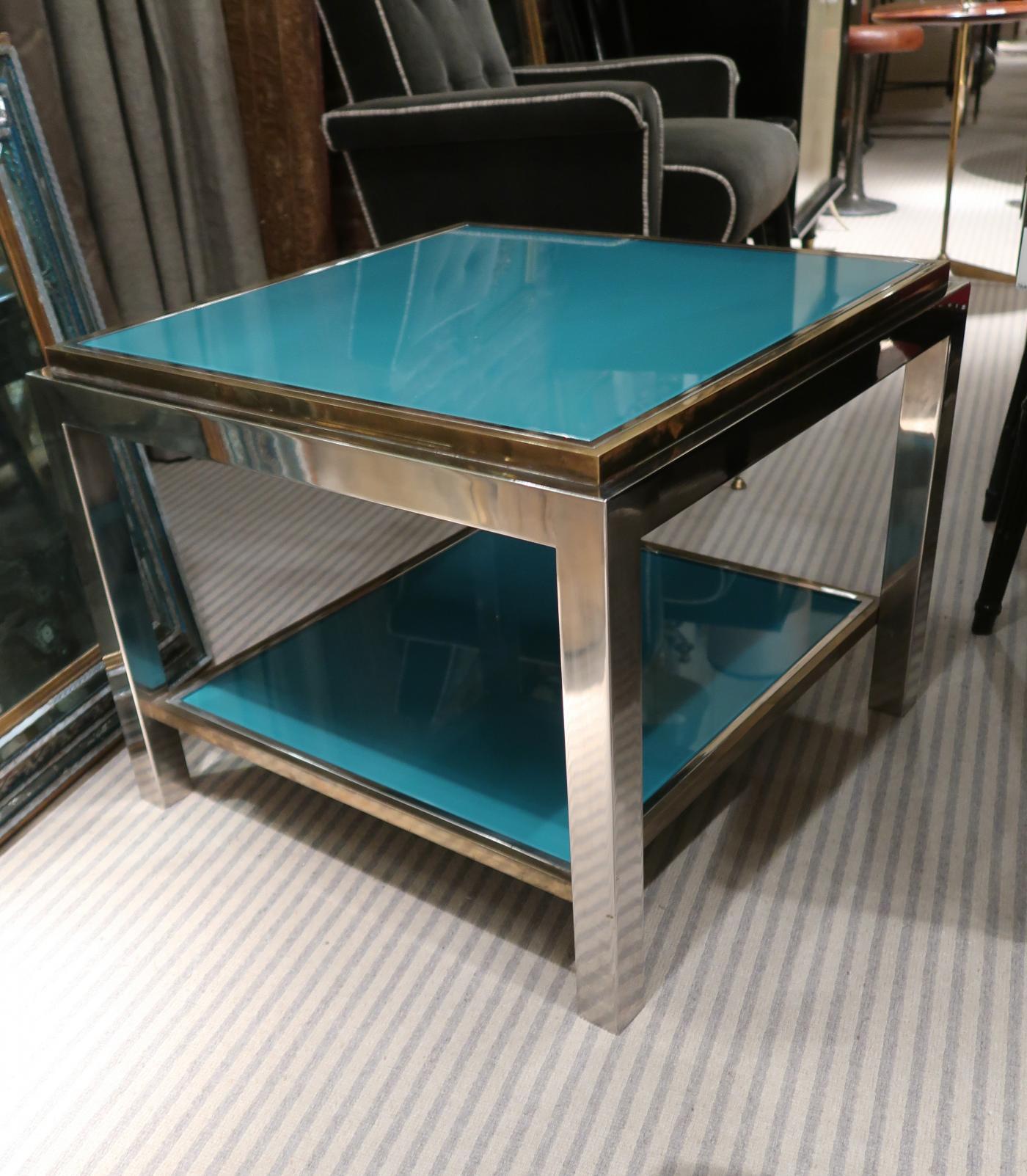 Mid-Century Modern Willy Rizzo, Brass, Chromed and Turquoise Glass Top Coffee Table, Italy, 1970 For Sale