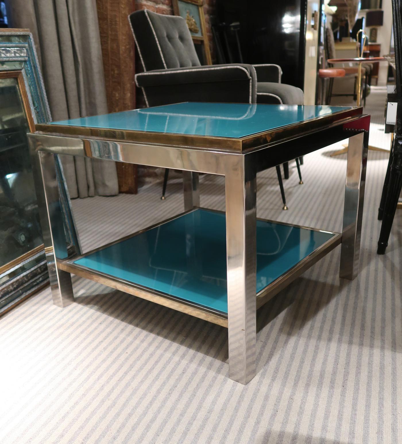 Italian Willy Rizzo, Brass, Chromed and Turquoise Glass Top Coffee Table, Italy, 1970 For Sale
