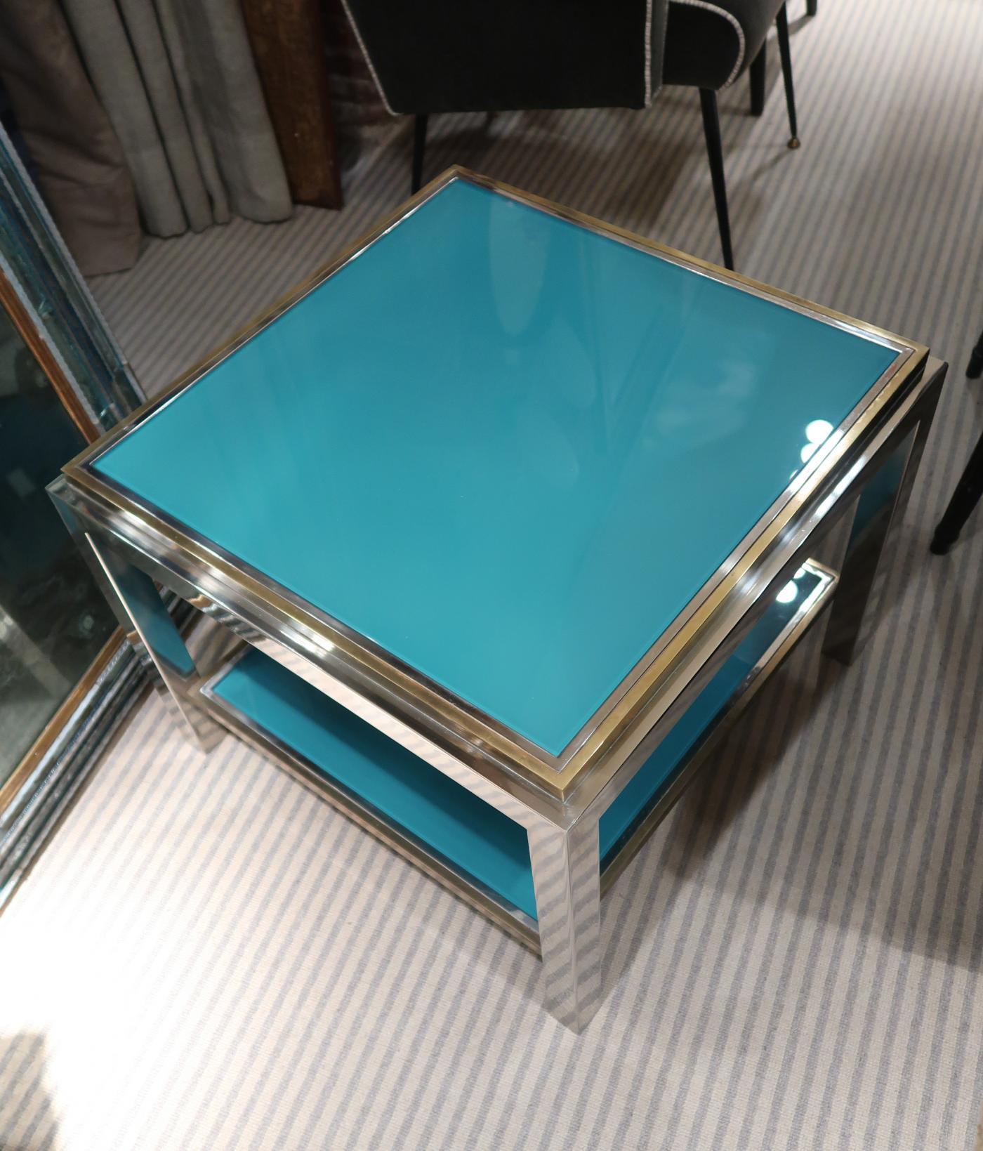 Willy Rizzo, Brass, Chromed and Turquoise Glass Top Coffee Table, Italy, 1970 In Good Condition For Sale In Madrid, ES