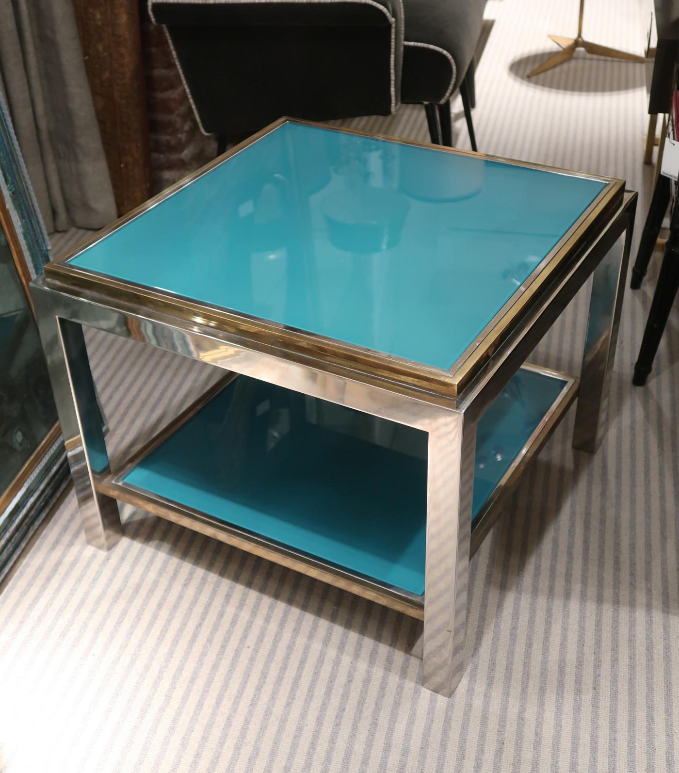 Late 20th Century Willy Rizzo, Brass, Chromed and Turquoise Glass Top Coffee Table, Italy, 1970 For Sale