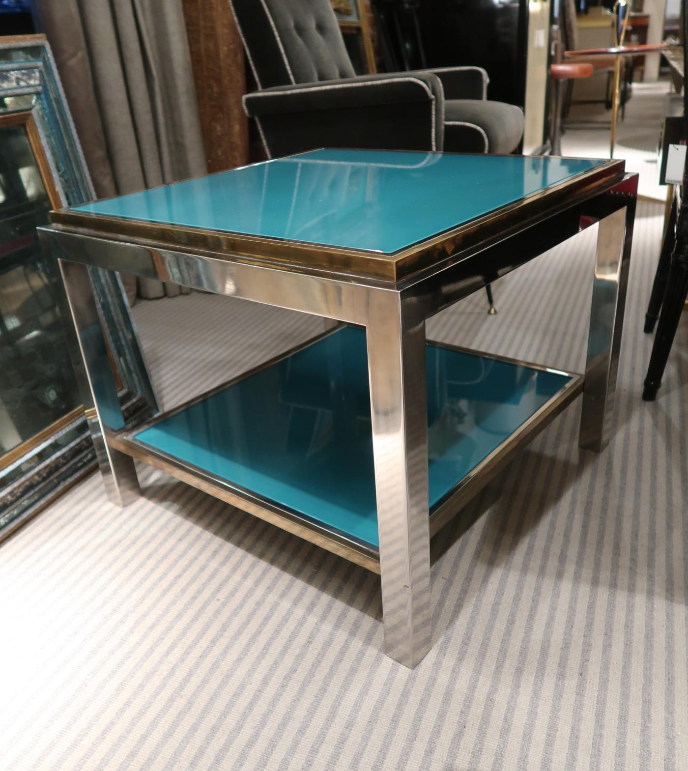 Willy Rizzo, Brass, Chromed and Turquoise Glass Top Coffee Table, Italy, 1970 For Sale 1