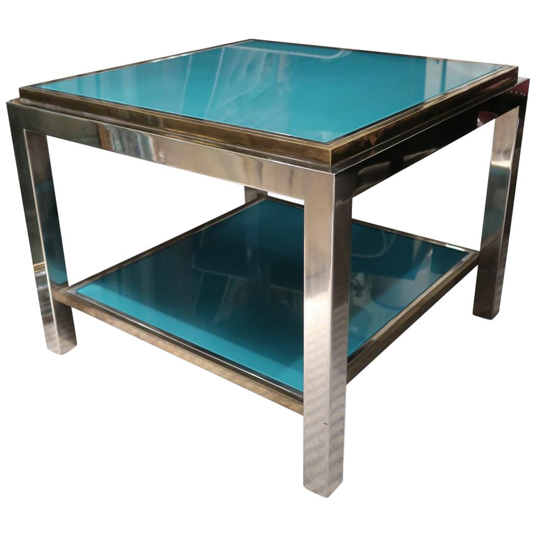 Willy Rizzo, Brass, Chromed and Turquoise Glass Top Coffee Table, Italy, 1970 For Sale