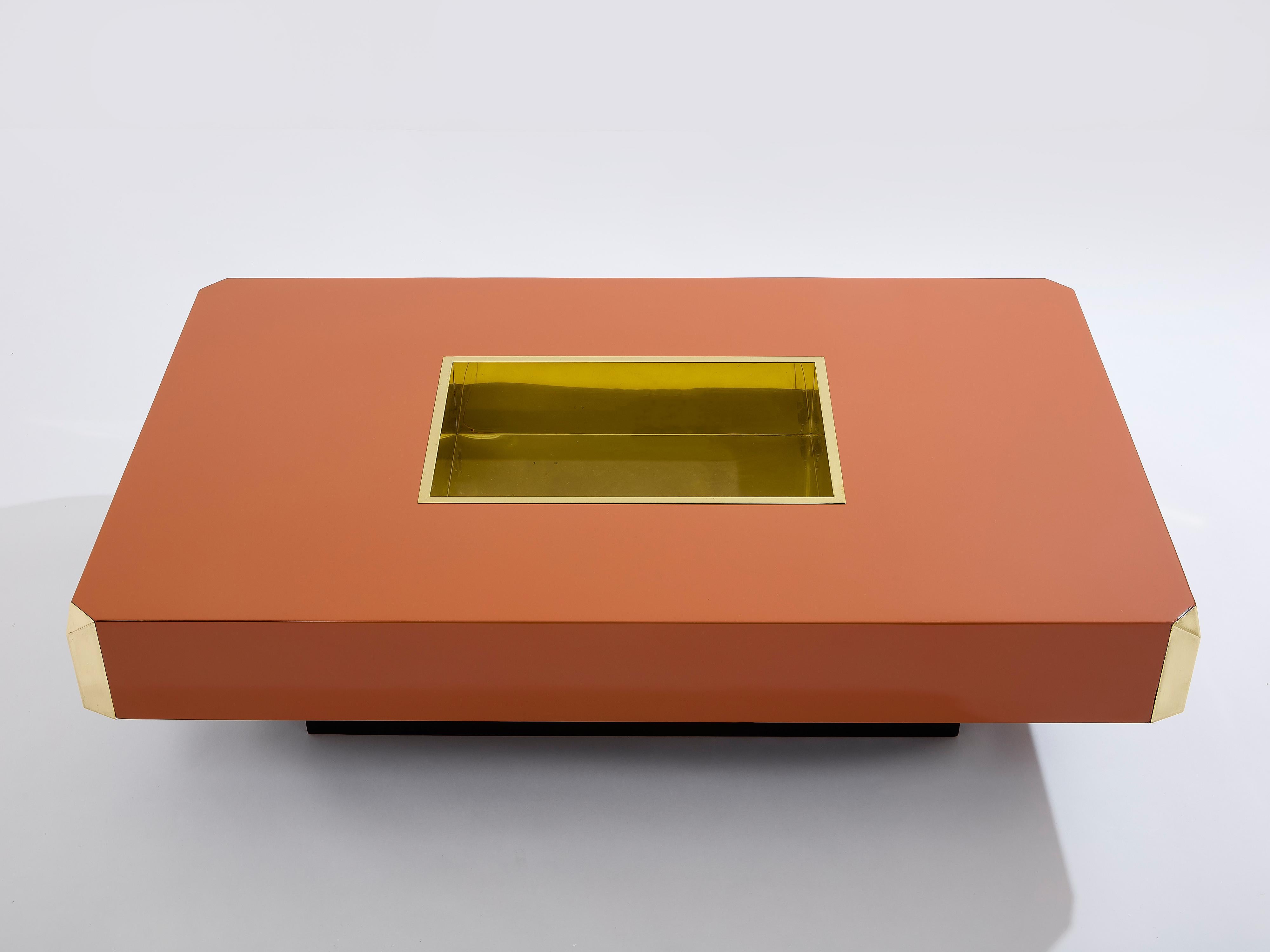 Mid-Century Modern Table basse de bar en laque brune et laiton Willy Rizzo Alveo 1970 en vente