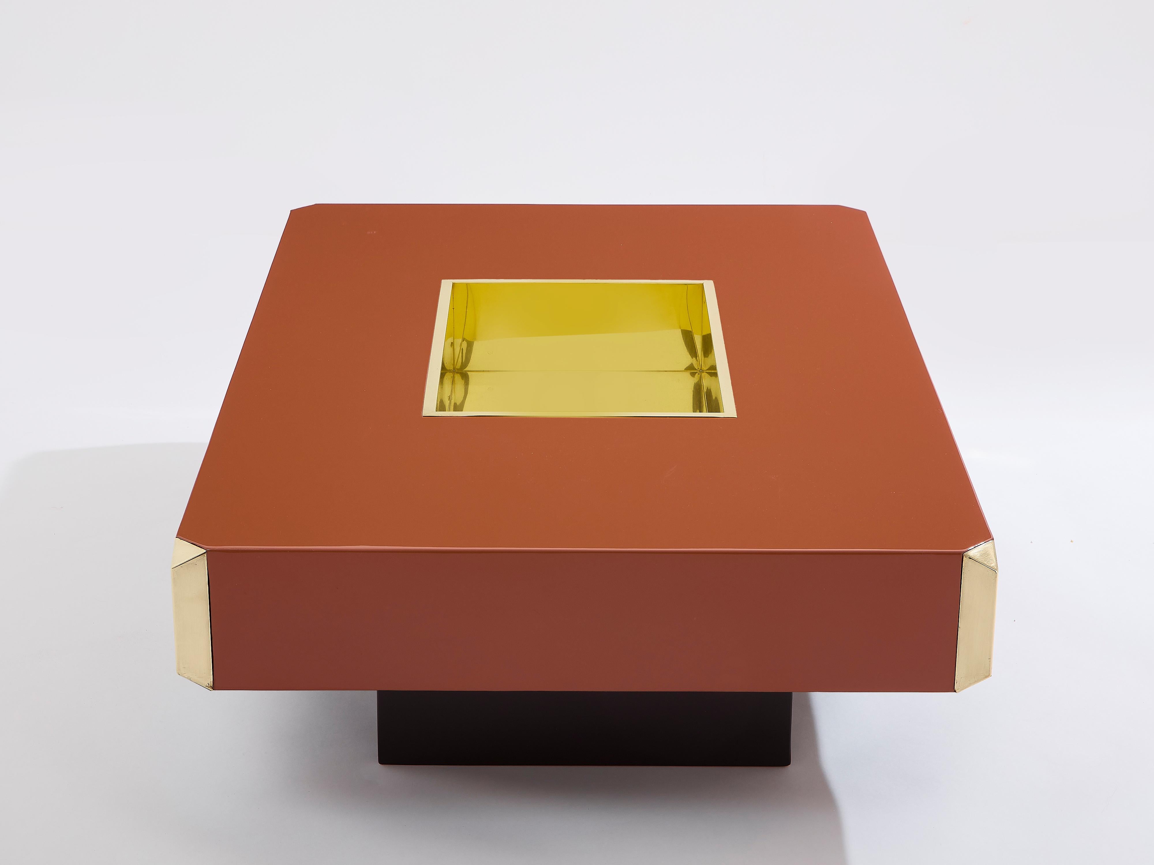 Fin du 20e siècle Table basse de bar en laque brune et laiton Willy Rizzo Alveo 1970 en vente